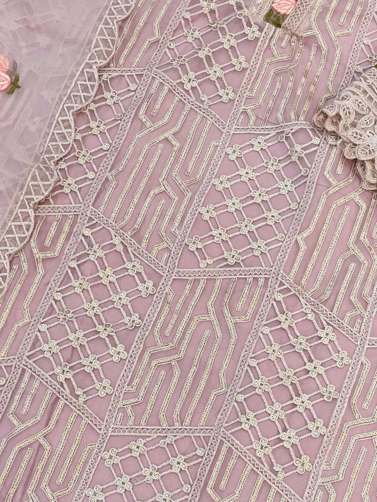 Odette Dusty Mauve Organza Embellished Semi-Stitched Kurta Set For Women - Image 4