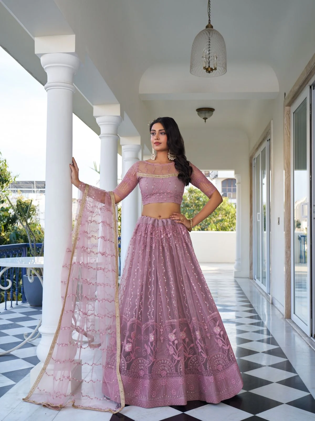 Odette Dusty Pink Net Embroidered Semi Stitched Lehenga For Women - Image 2