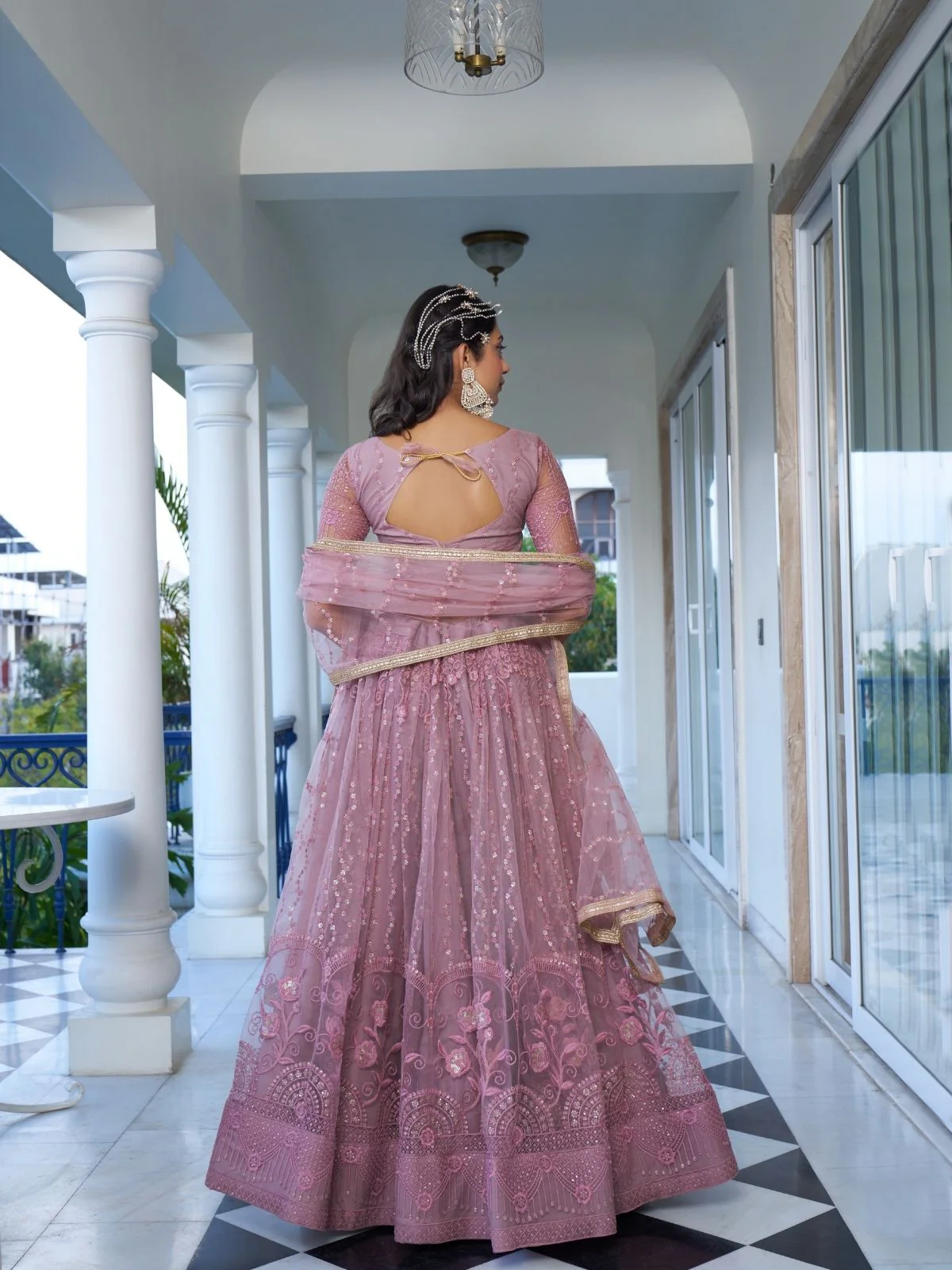 Odette Dusty Pink Net Embroidered Semi Stitched Lehenga For Women - Image 3