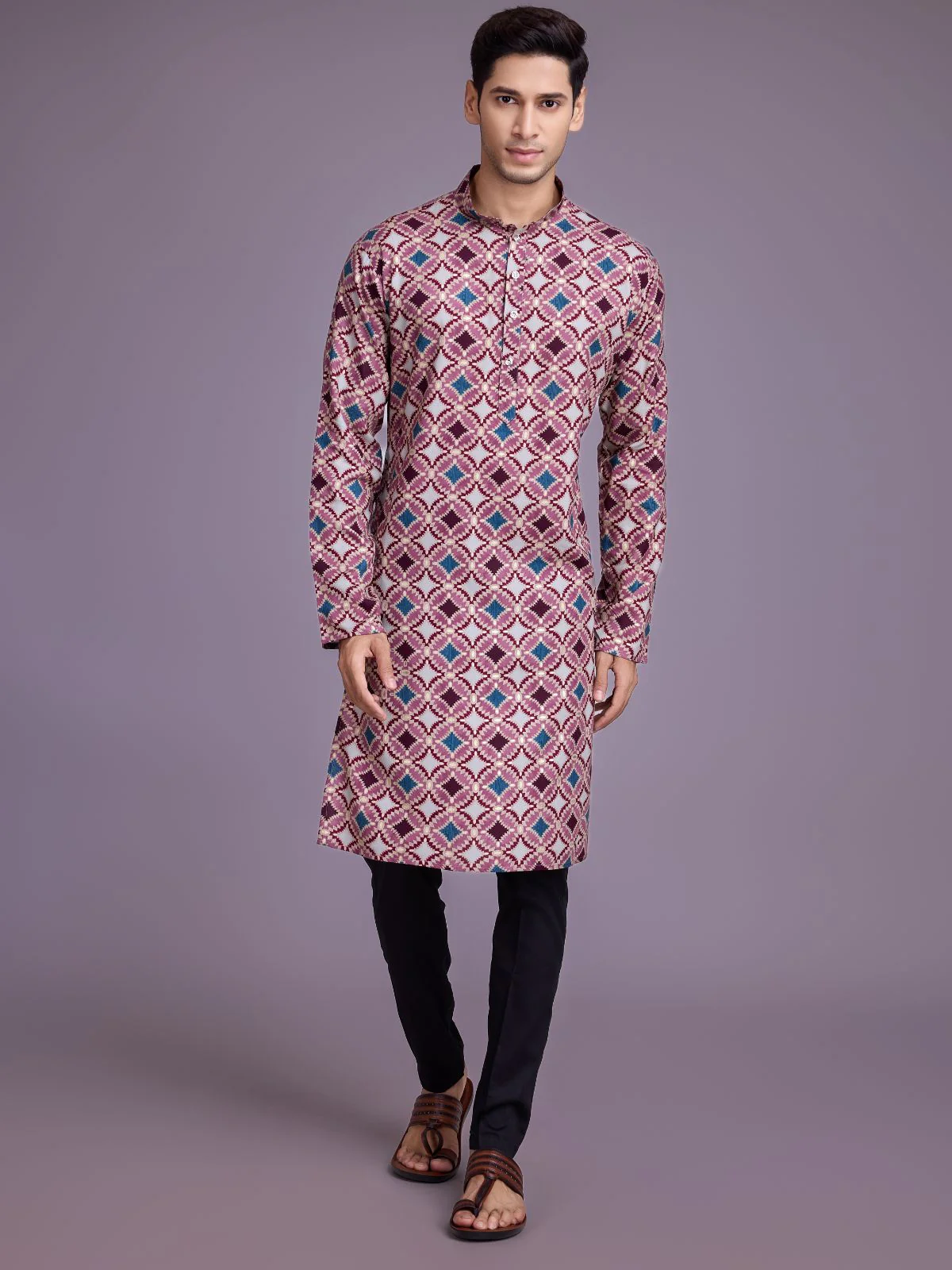 Odette Pink Rayon Printed Stitched Kurta For Men - Image 2