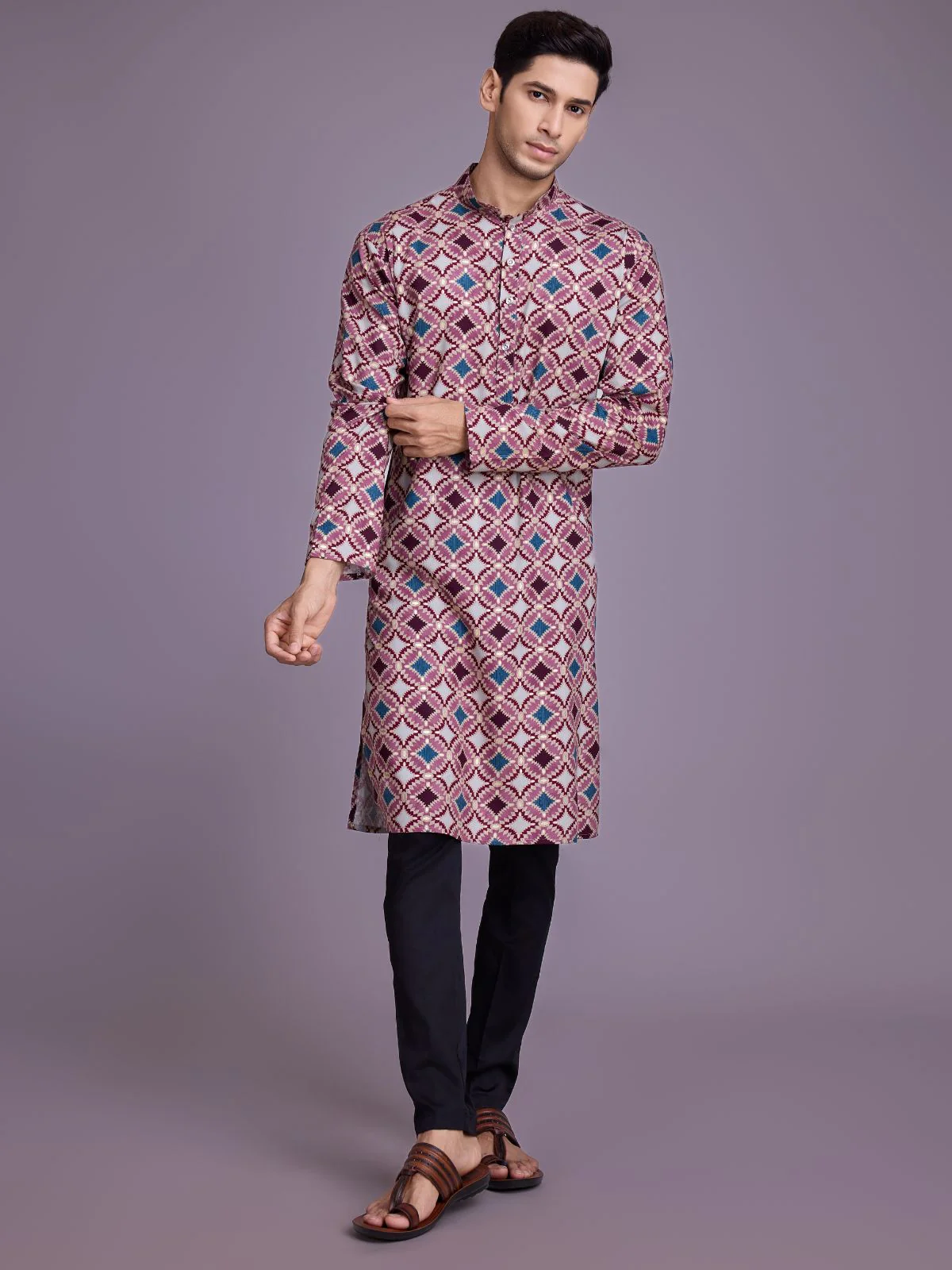 Odette Pink Rayon Printed Stitched Kurta For Men - Image 3
