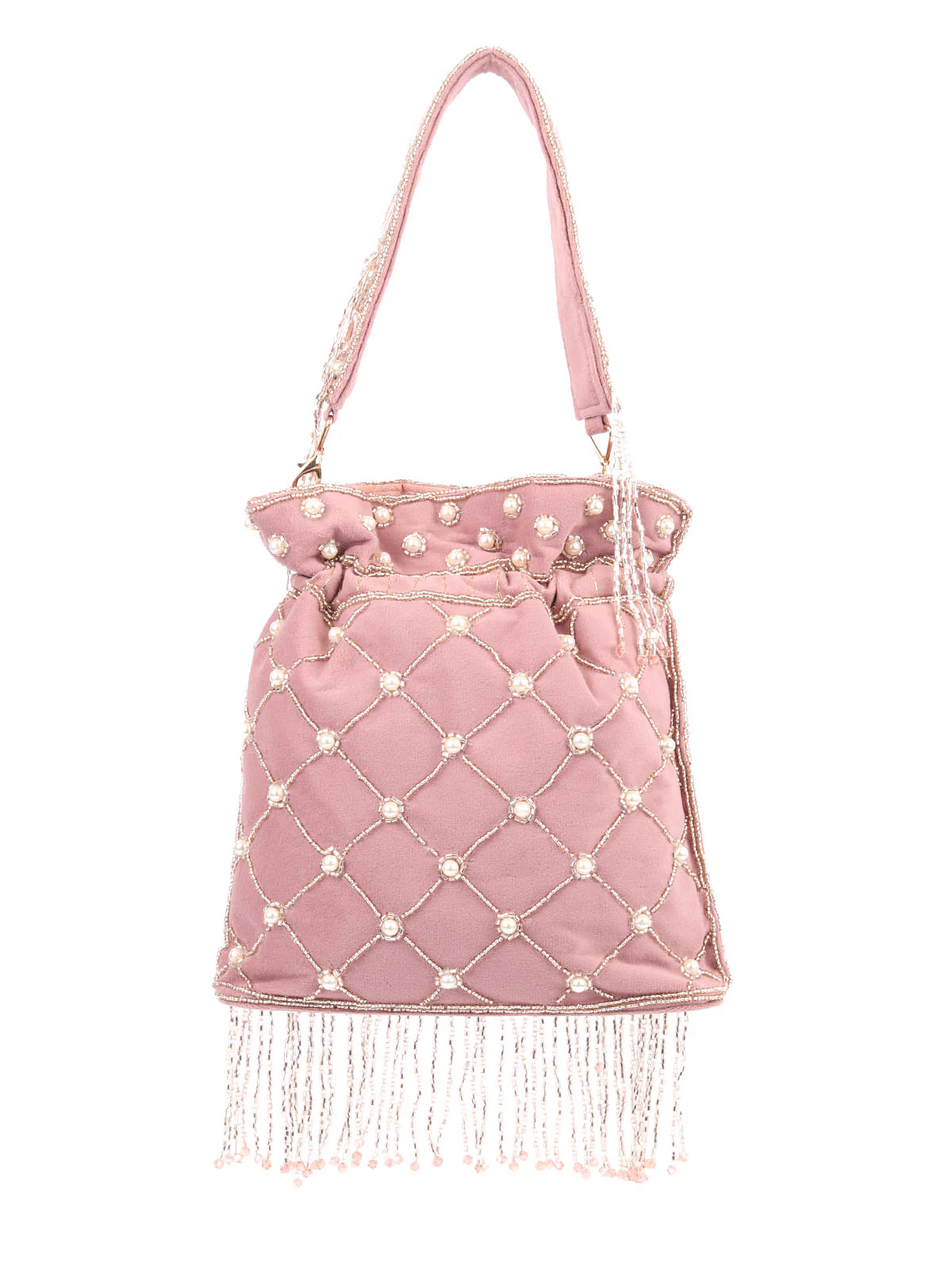 Odette Dusty Pink Velvet Embellished Potli For Women - Image 5