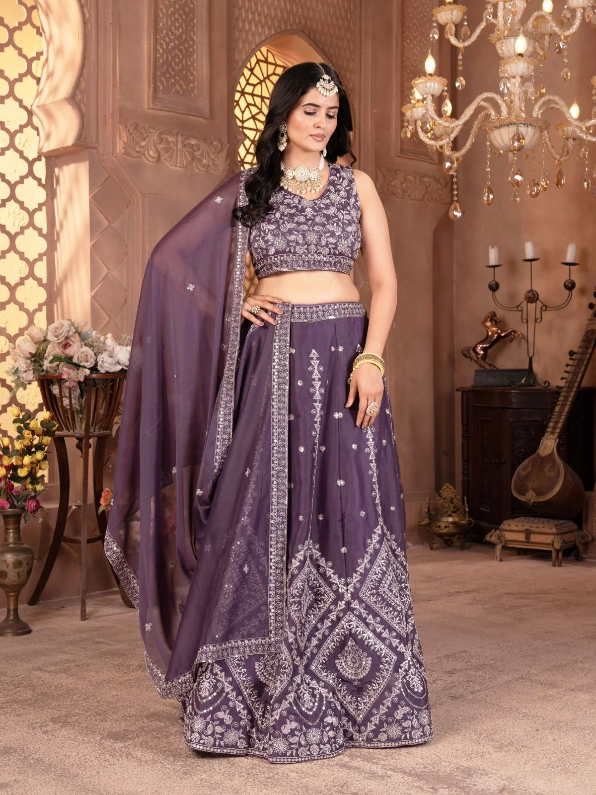 Odette Dusty Purple Georgette Embellished Semi Stitched Lehenga For Women - Image 3