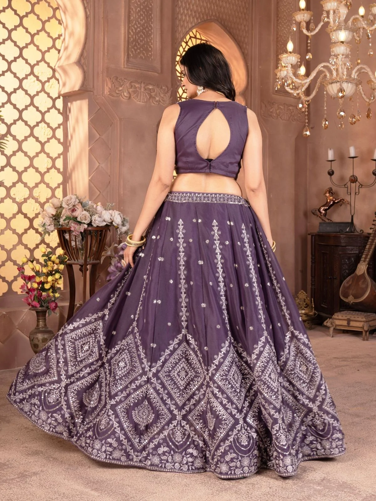 Odette Dusty Purple Georgette Embellished Semi Stitched Lehenga For Women - Image 4