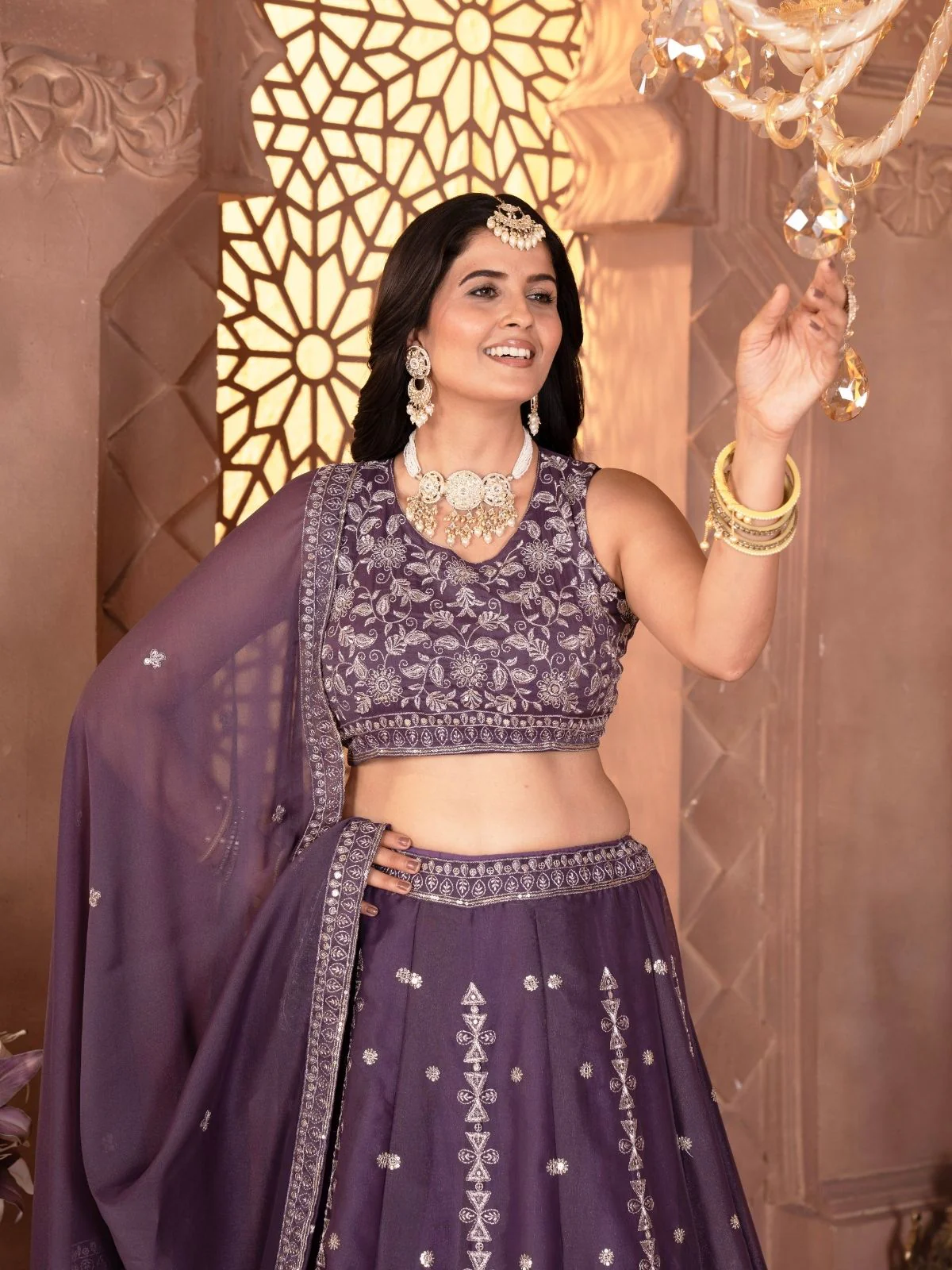 Odette Dusty Purple Georgette Embellished Semi Stitched Lehenga For Women - Image 5