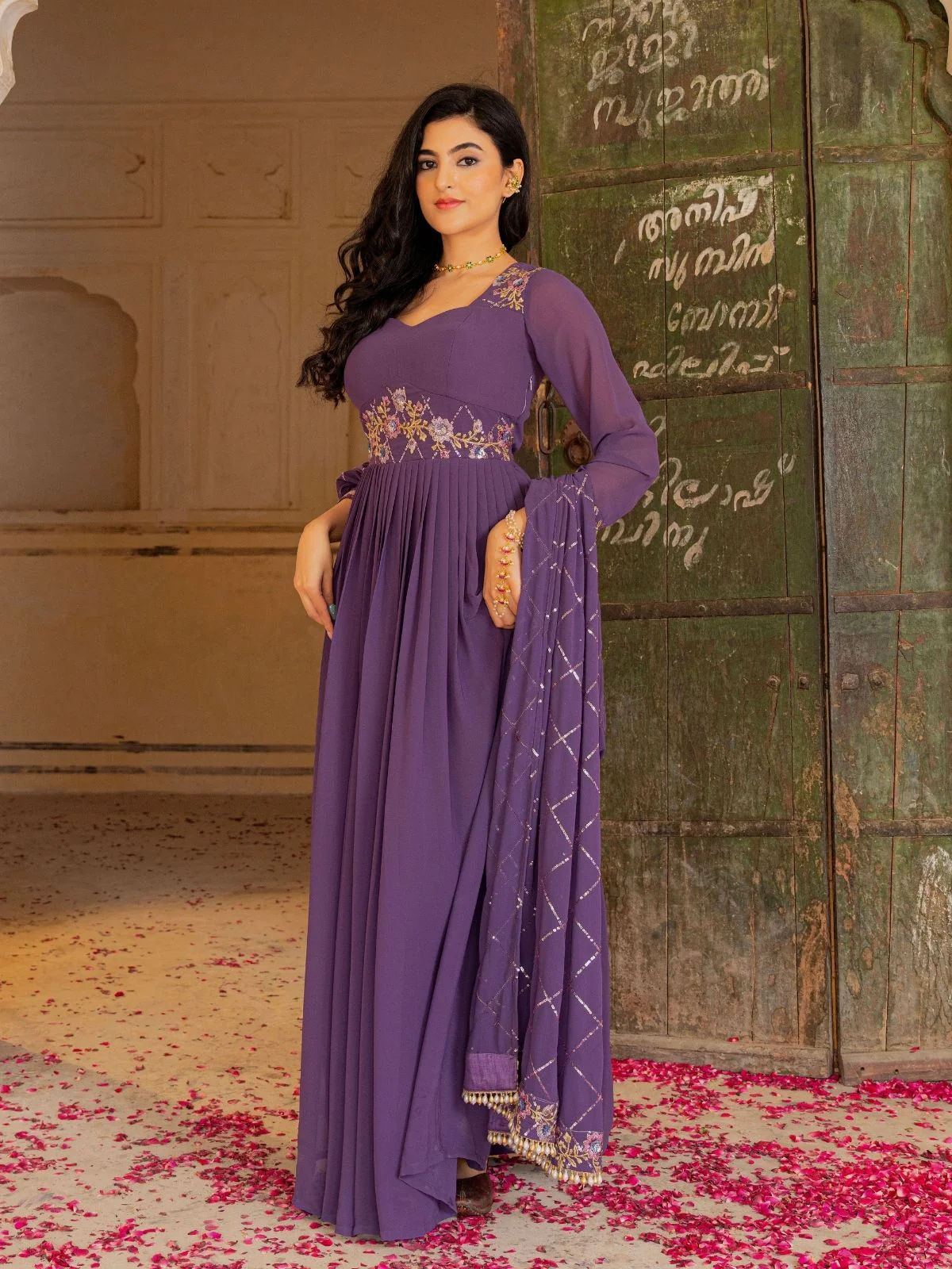 Odette Dusty Purple Georgette Sequins Embroidered Stitched Gown For Women - Image 2