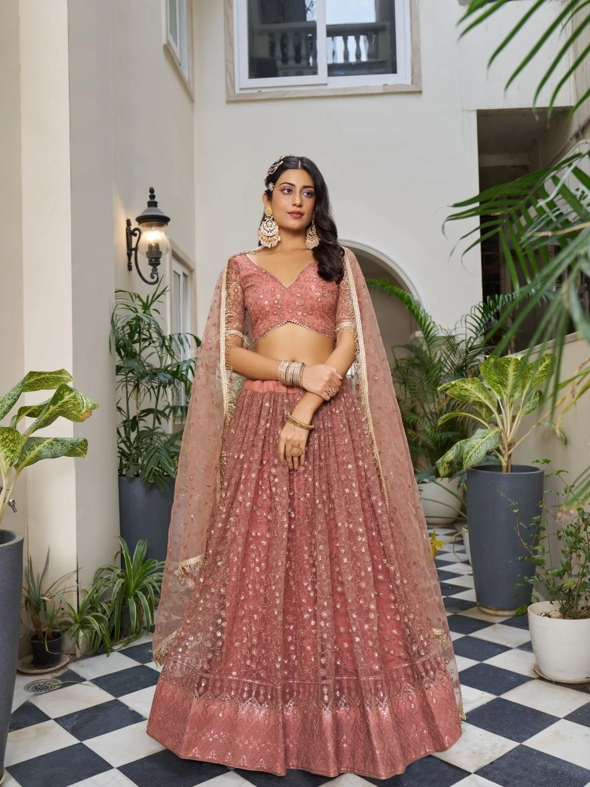 Odette Dusty Rose Pink Net Embroidered Semi Stitched Lehenga For Women - Image 2