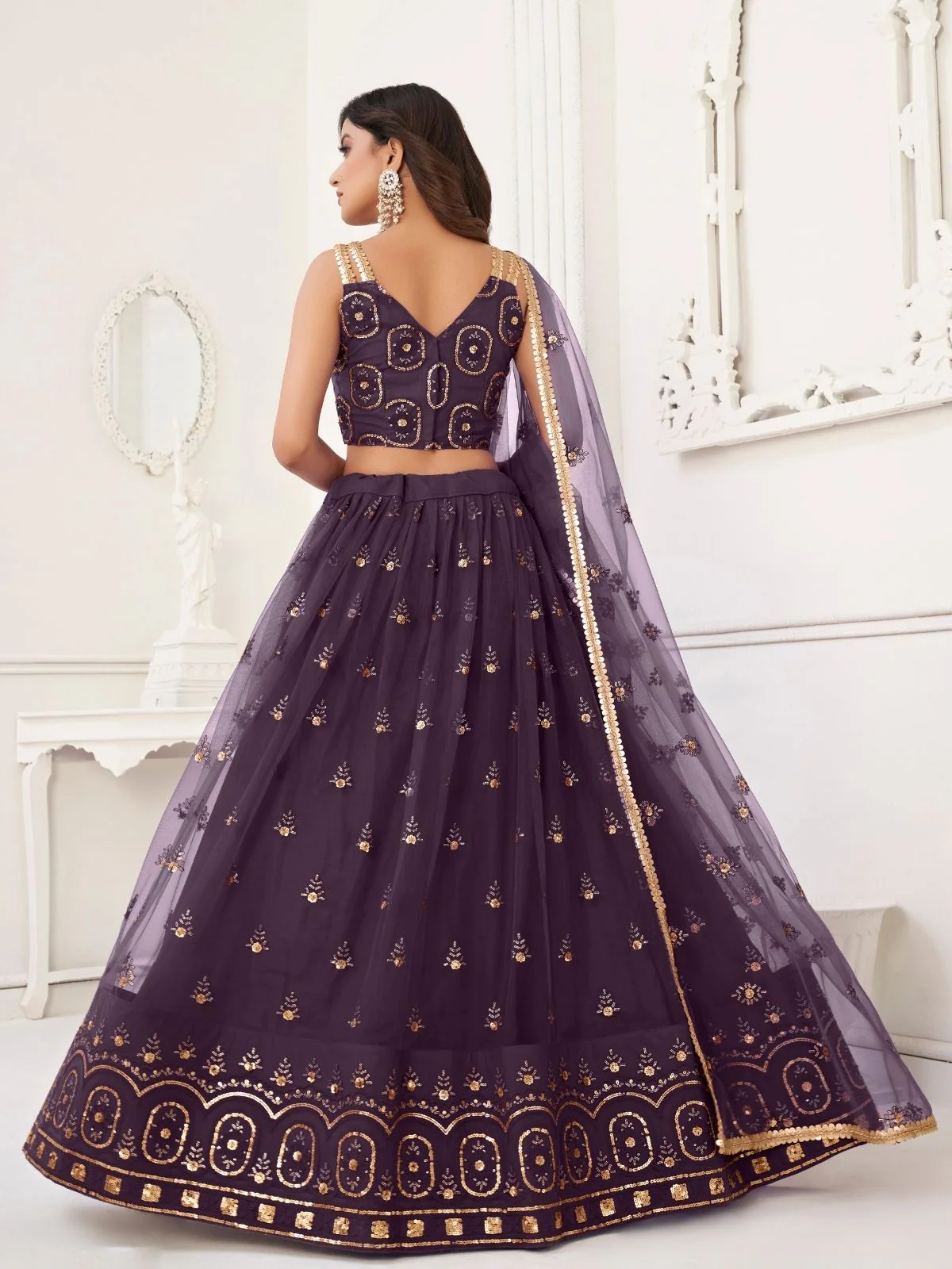 Odette Dusty Wine Net Embroidered Semi Stitched Lehenga For Women - Image 3