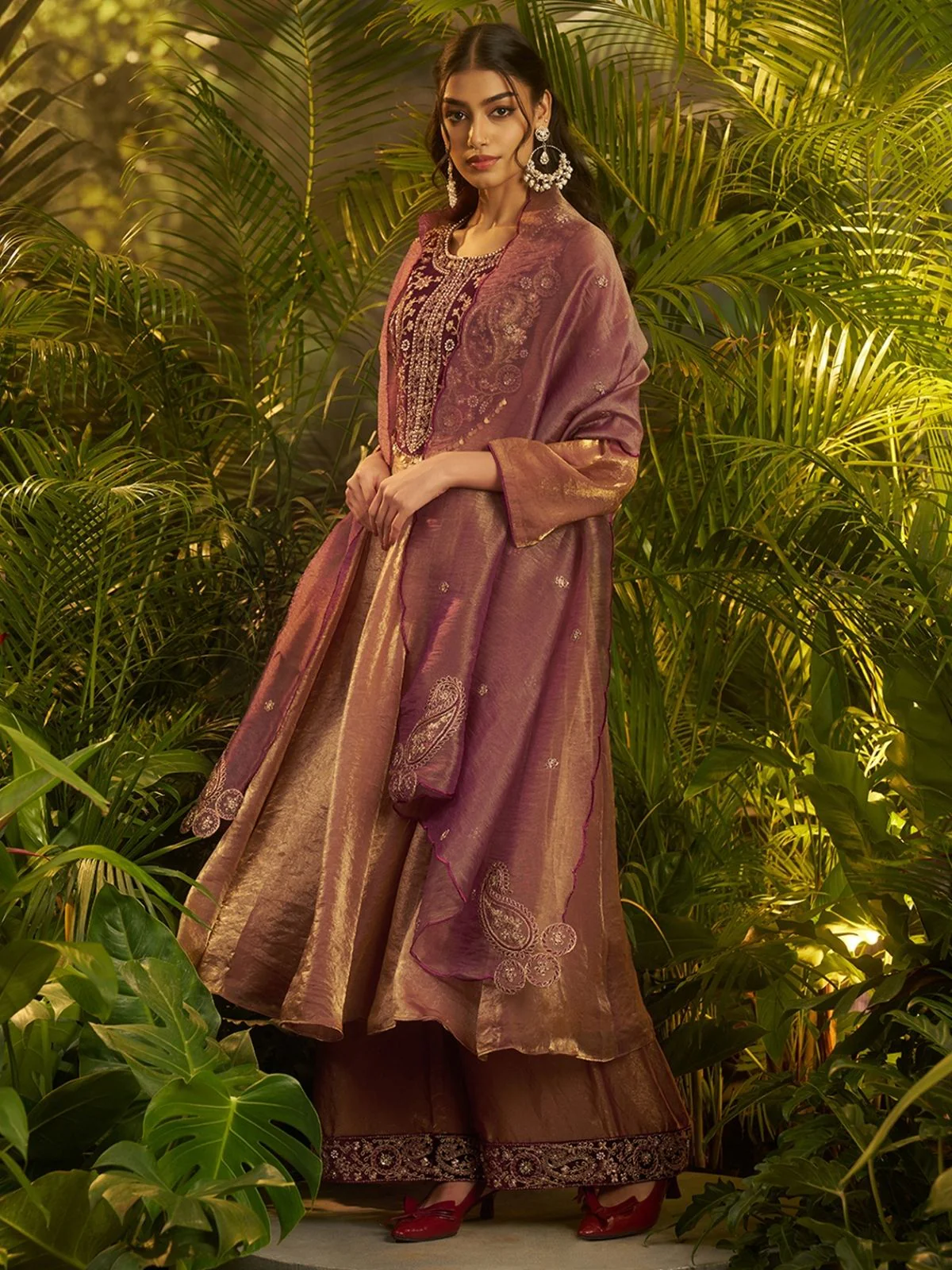 Odette Dusty Wine Organza Embroidered Kurta Set For Women - Image 2
