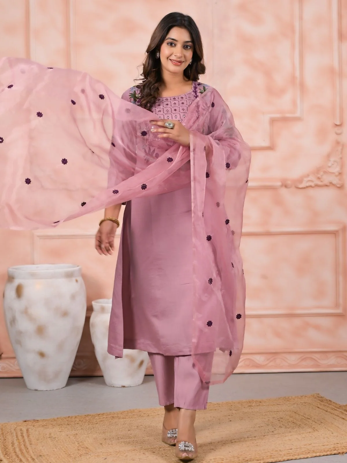 Odette Faded Pink Silk Blend Embroidered Stitched Kurta Set For Women - Image 2