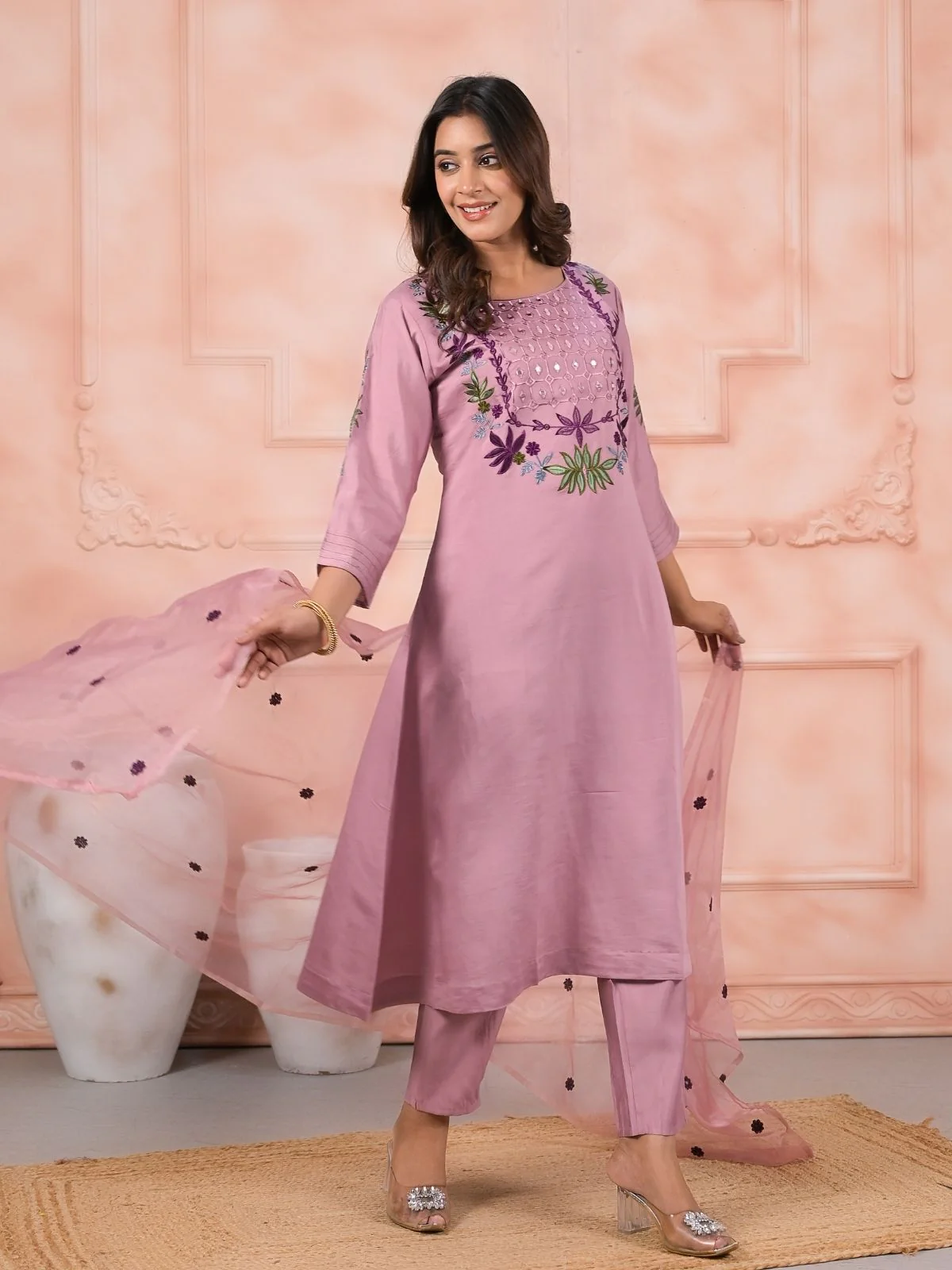 Odette Faded Pink Silk Blend Embroidered Stitched Kurta Set For Women - Image 3