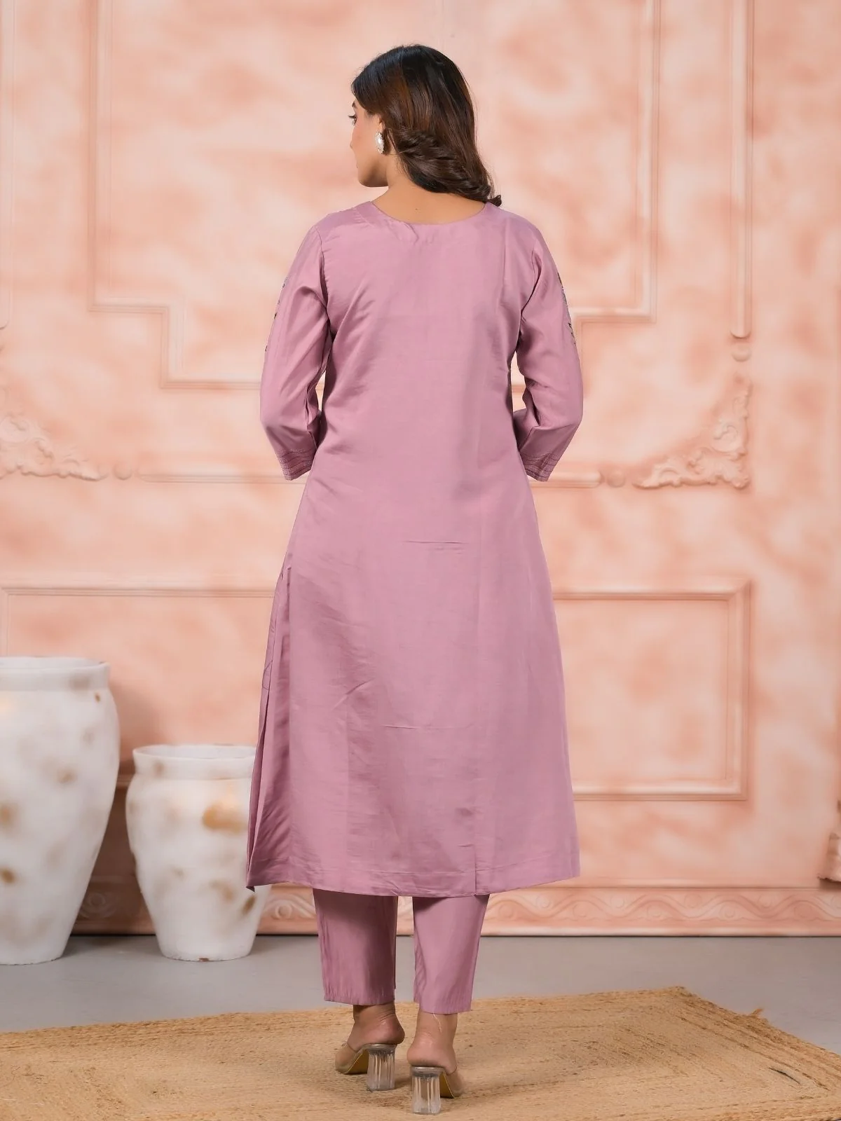 Odette Faded Pink Silk Blend Embroidered Stitched Kurta Set For Women - Image 4