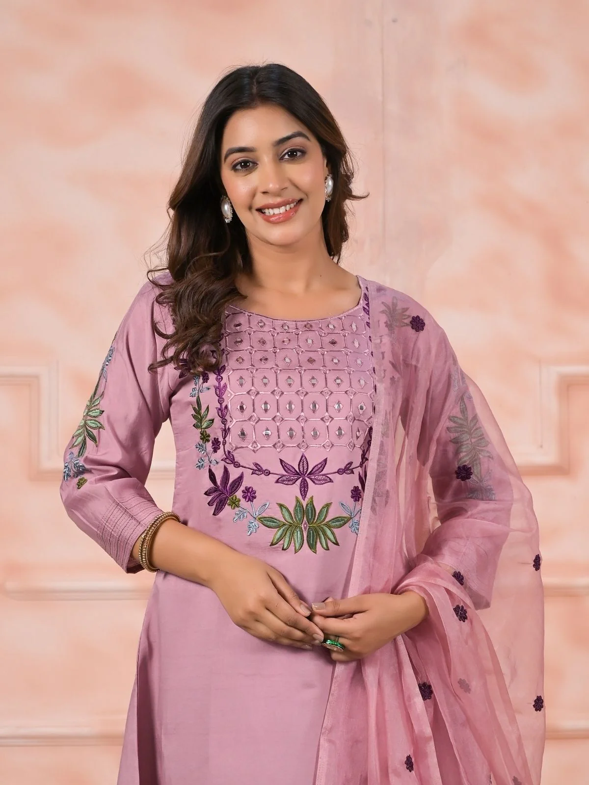 Odette Faded Pink Silk Blend Embroidered Stitched Kurta Set For Women - Image 5