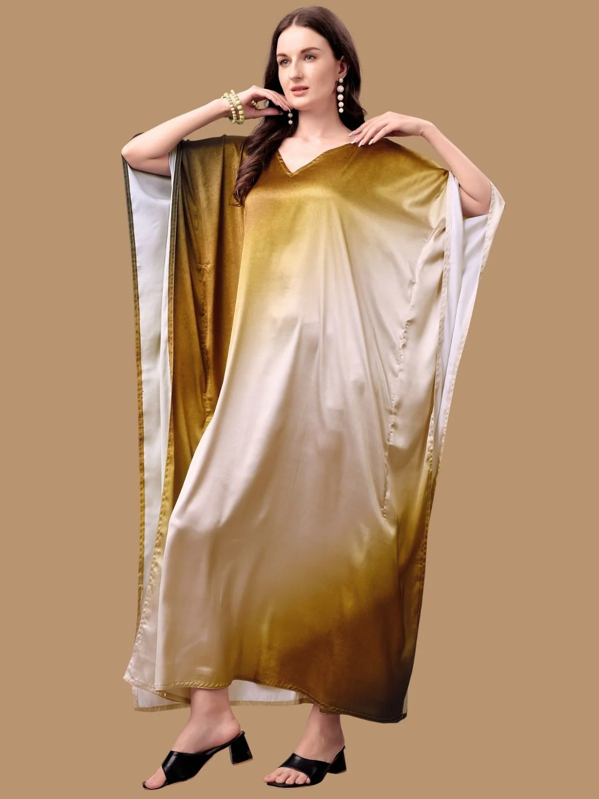 Odette Gold And Brown Satin Printed Kaftan For Women - Image 2