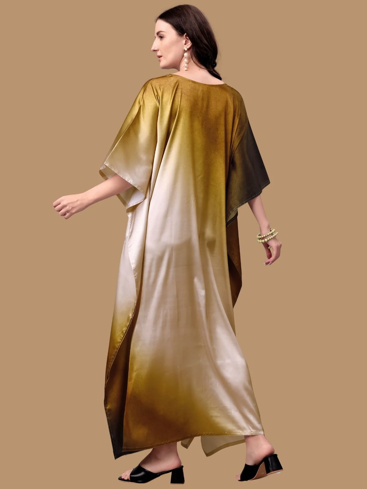 Odette Gold And Brown Satin Printed Kaftan For Women - Image 3