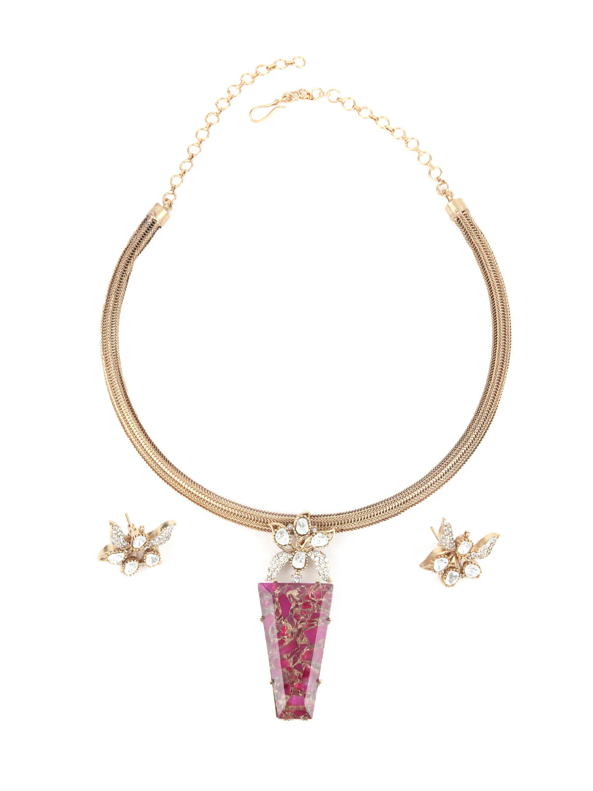 Odette Gold And Magenta Mixed Metal Embellished Neck Piece Set For Women - Image 3