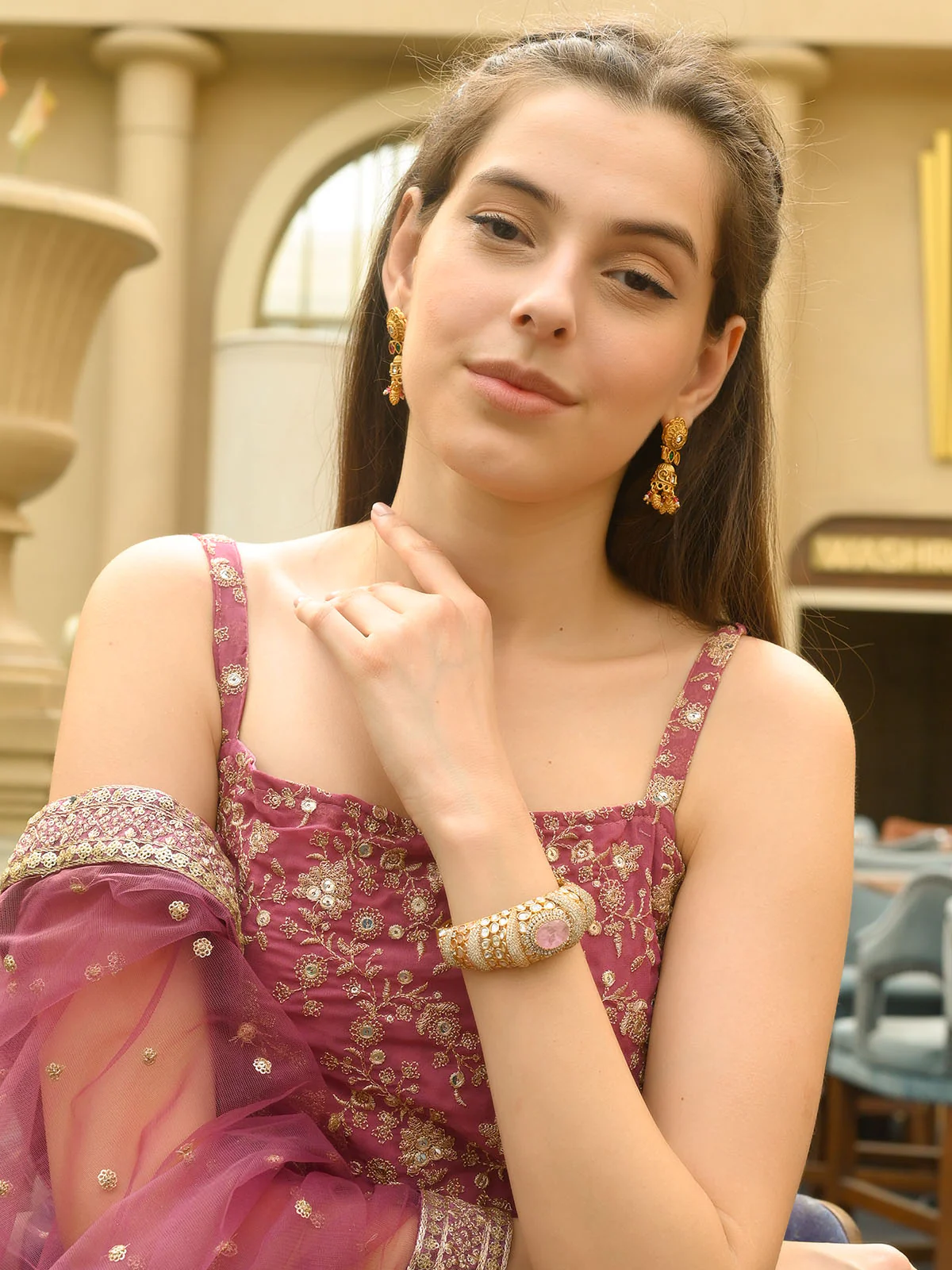 Odette Gold And Pink Mixed Metal Embellished Bracelets For Women - Image 3