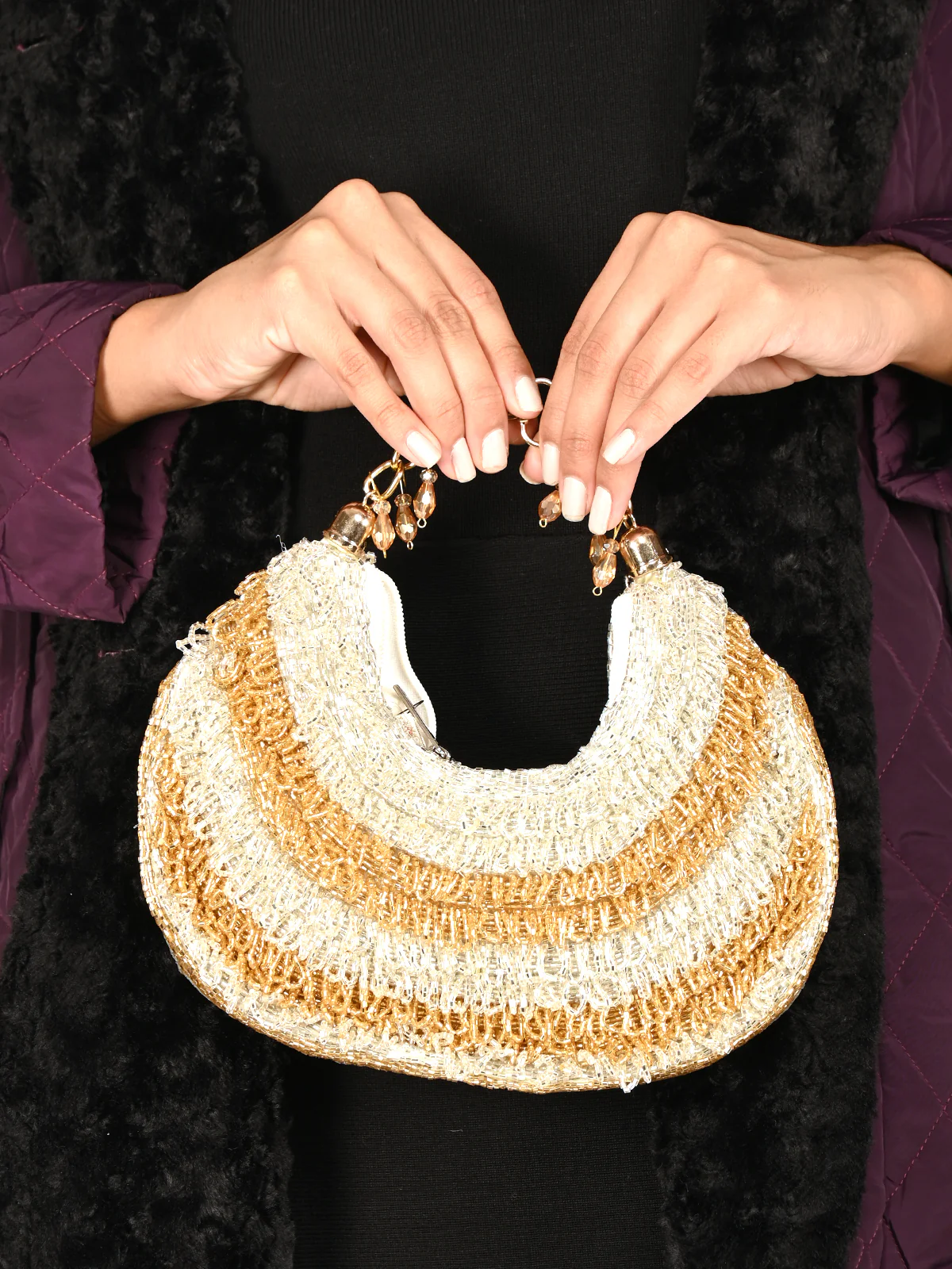 Odette Gold And Silver Tasseled Moon Clutch For Women - Image 2