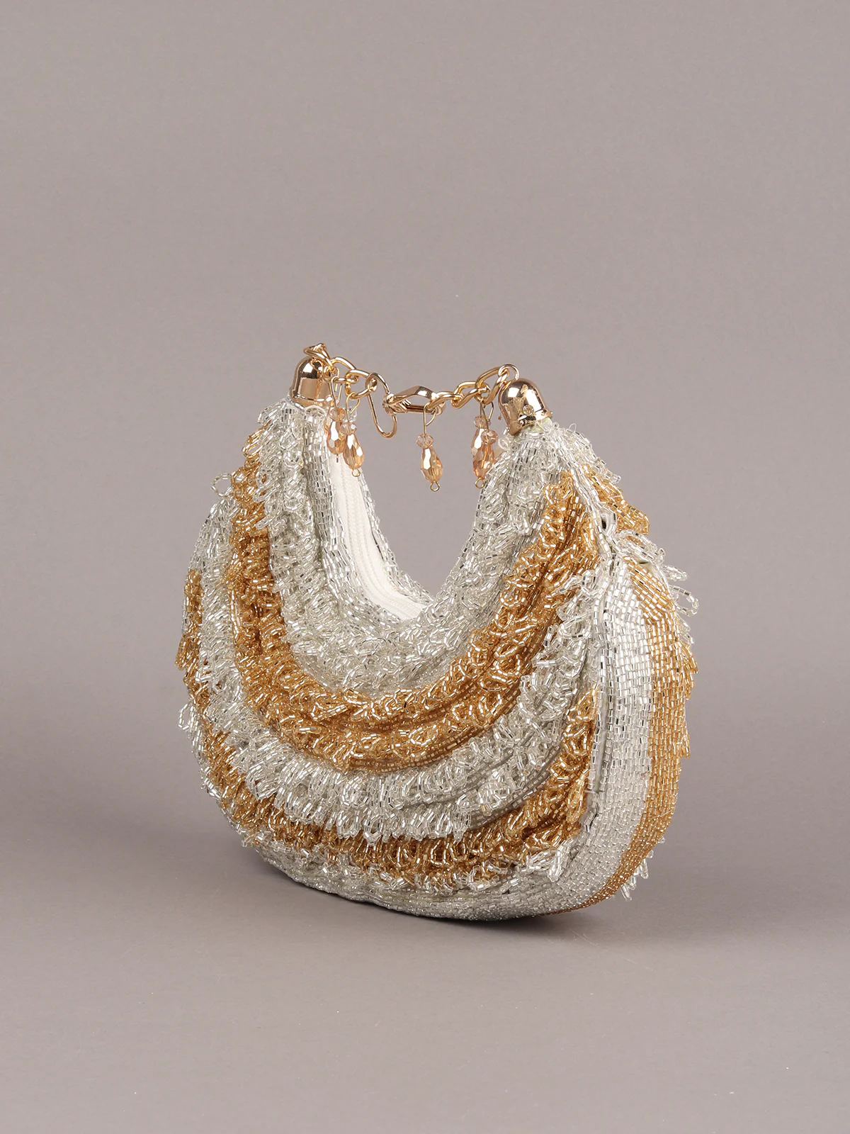 Odette Gold And Silver Tasseled Moon Clutch For Women - Image 4