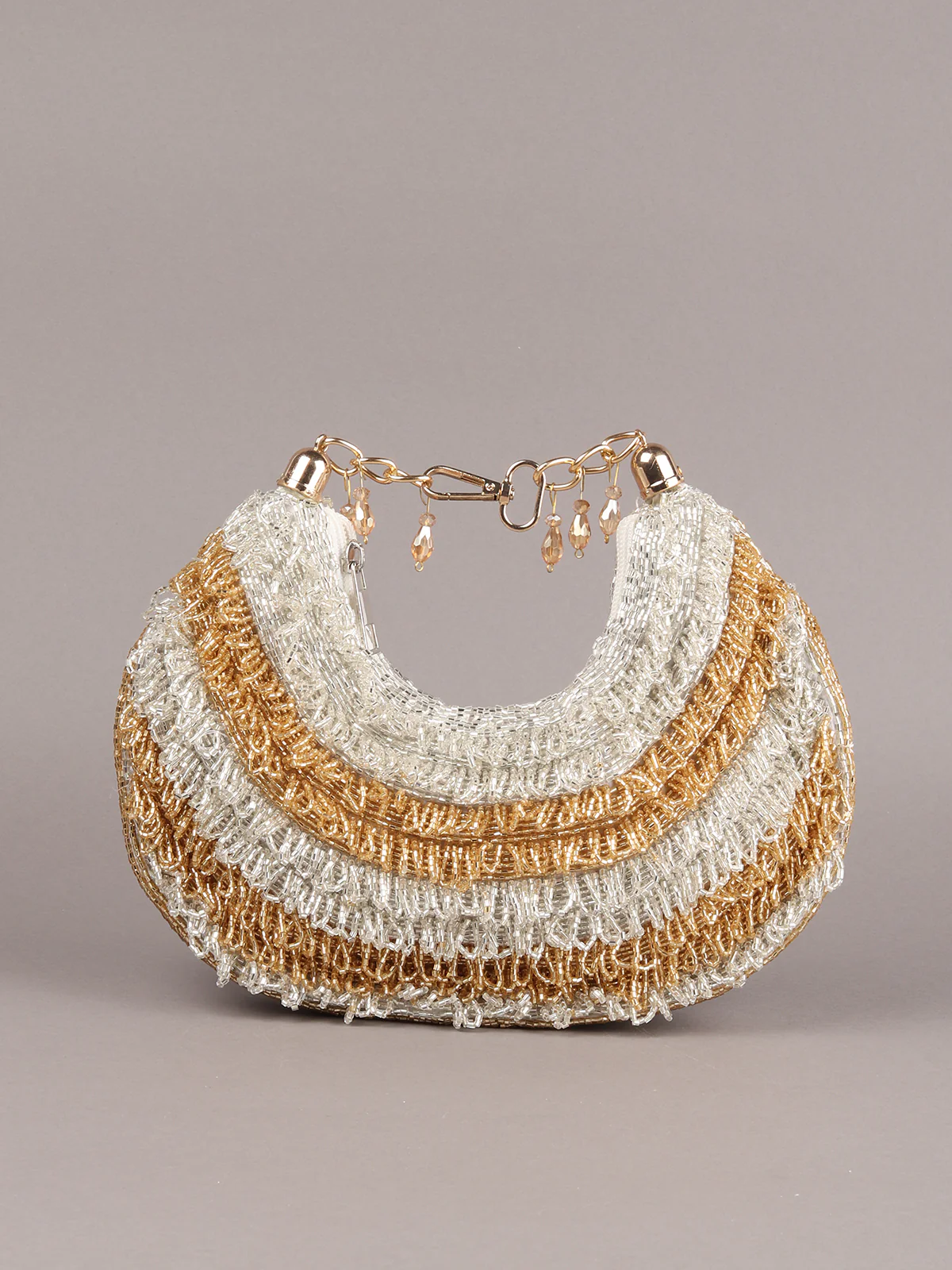 Odette Gold And Silver Tasseled Moon Clutch For Women - Image 5