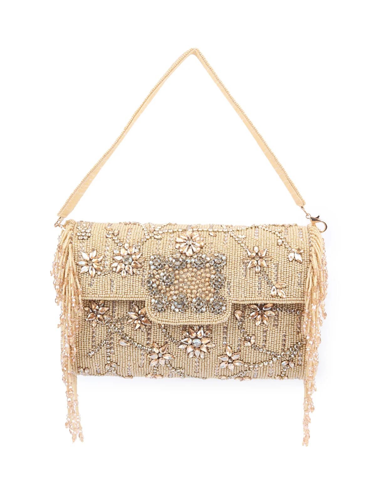 Odette Gold Cotton Blend Embellished Hand Bag For Women - Image 3