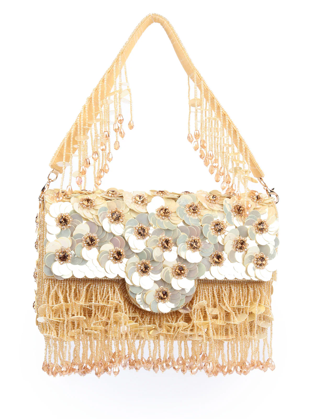 Odette Gold Cotton Blend Embellished Hand Bag For Women - Image 3