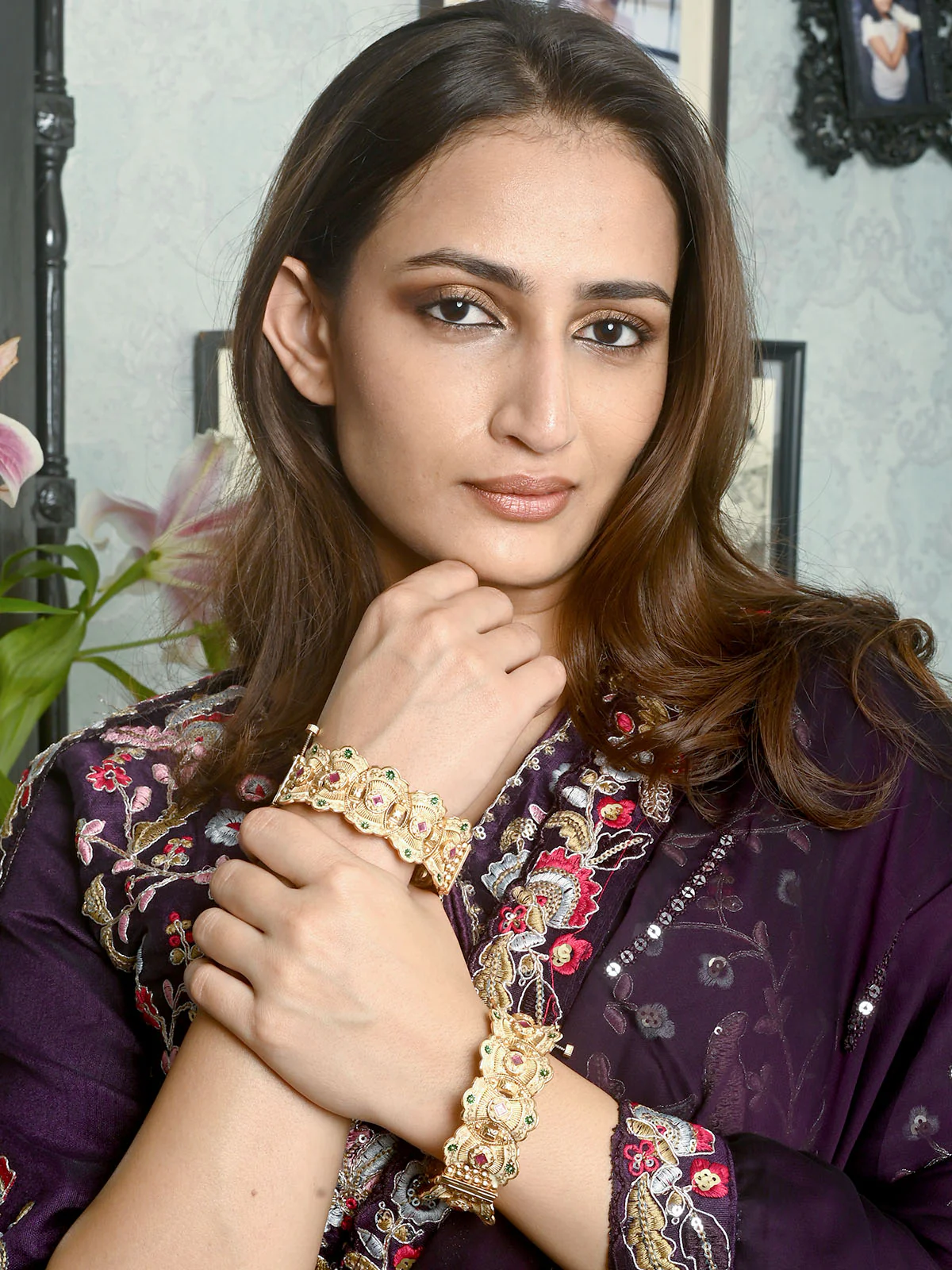 Odette Gold Embellished Bangles For Women-Set Of 2 - Image 2