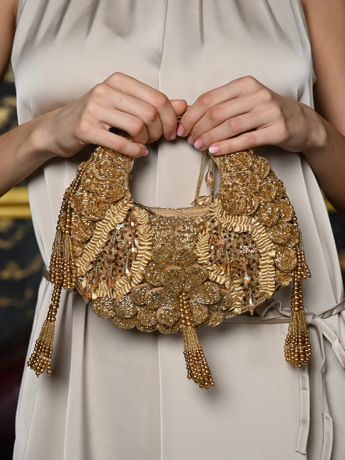 Odette Gold Embellished Clutch With Tassels For Women - Image 2