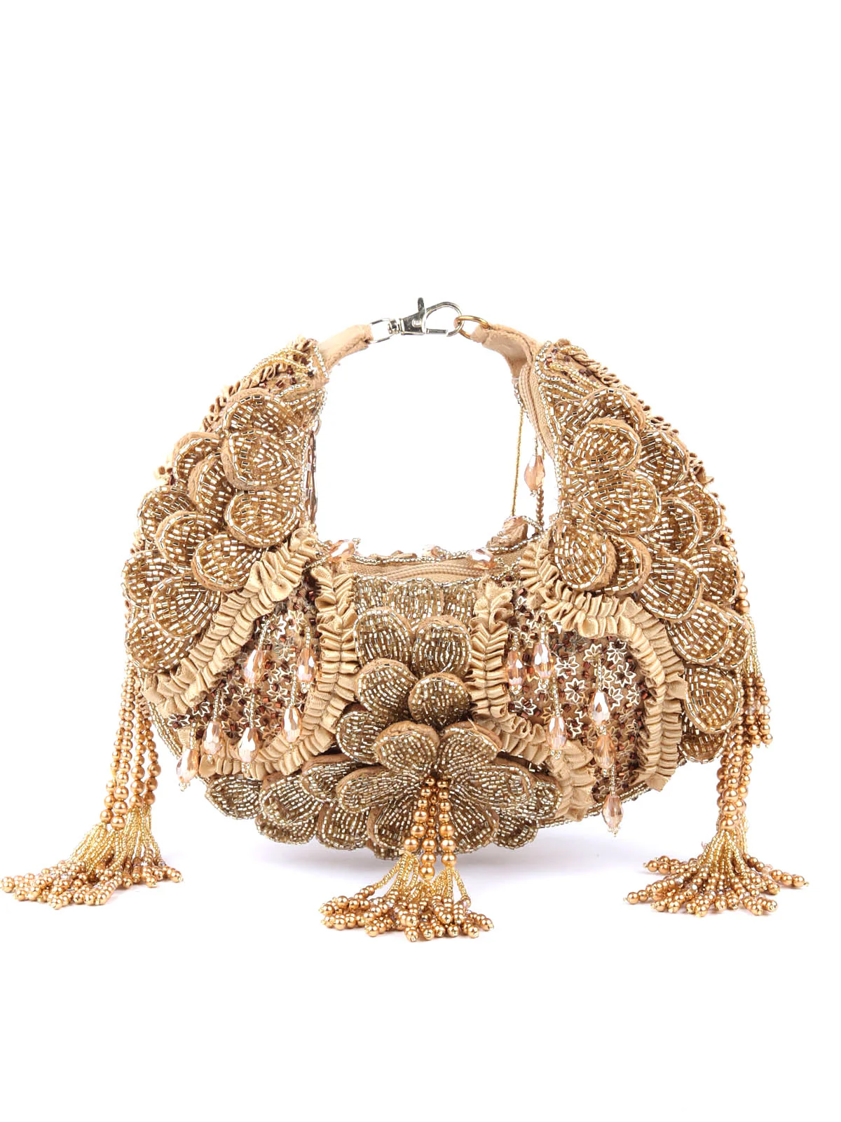Odette Gold Embellished Clutch With Tassels For Women - Image 3