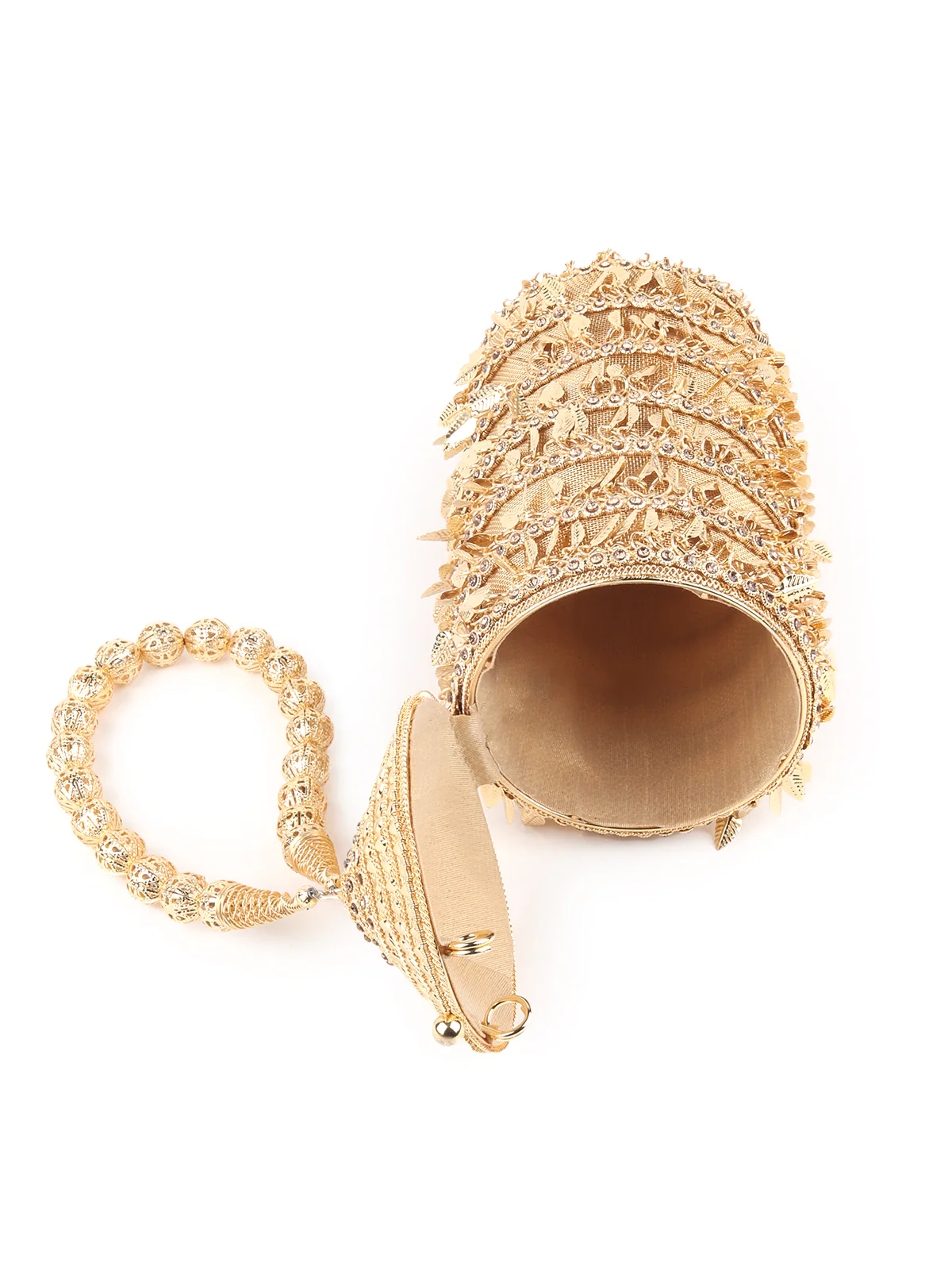 Odette Gold Embellished Cylindrical Metal Clutch for Women - Image 6