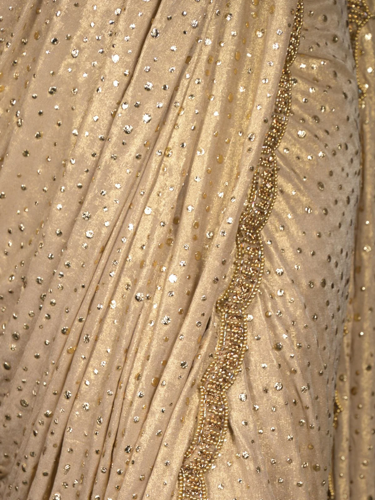 Odette Gold Embellished Lycra Saree with Unstitched Blouse for Women - Image 5