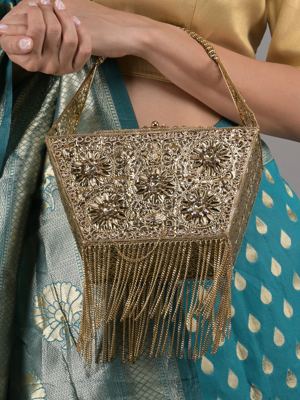 Odette Gold Embellished Metal Clutch for Women - Image 2