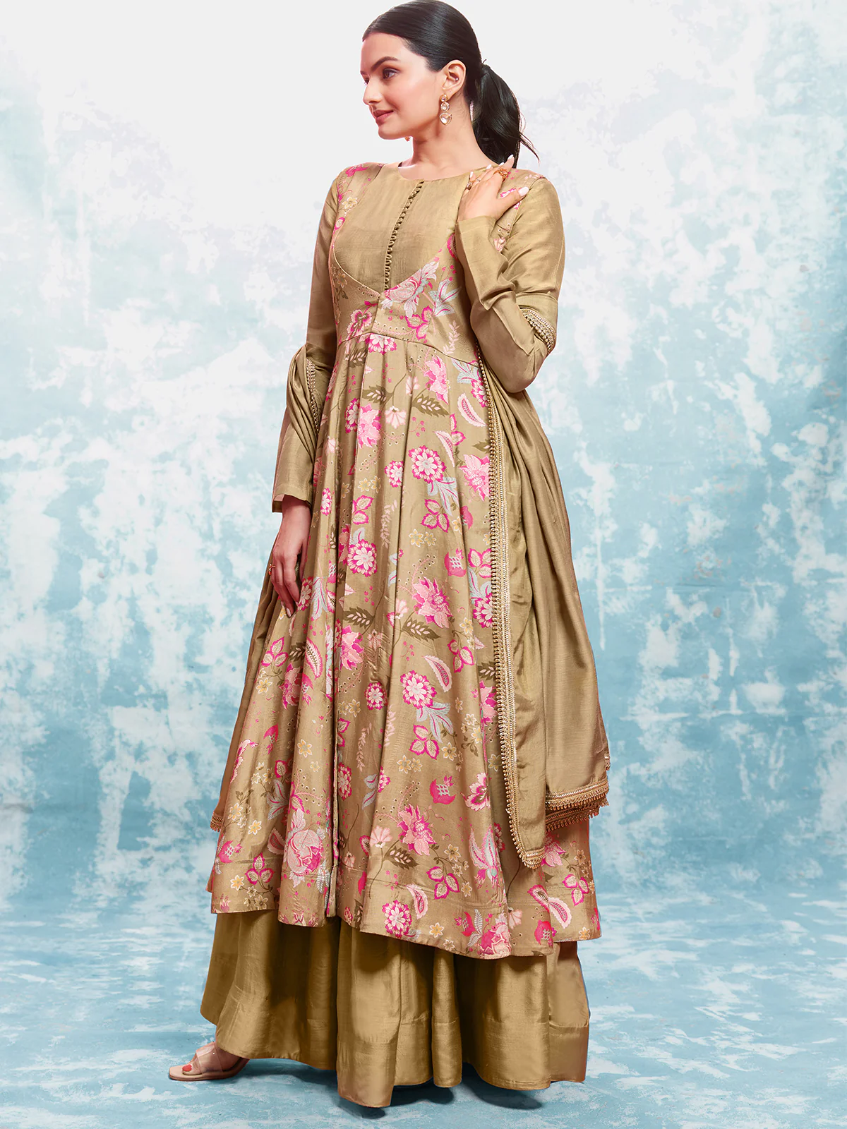 Odette Gold Muslin Printed Gown For Women - Image 3