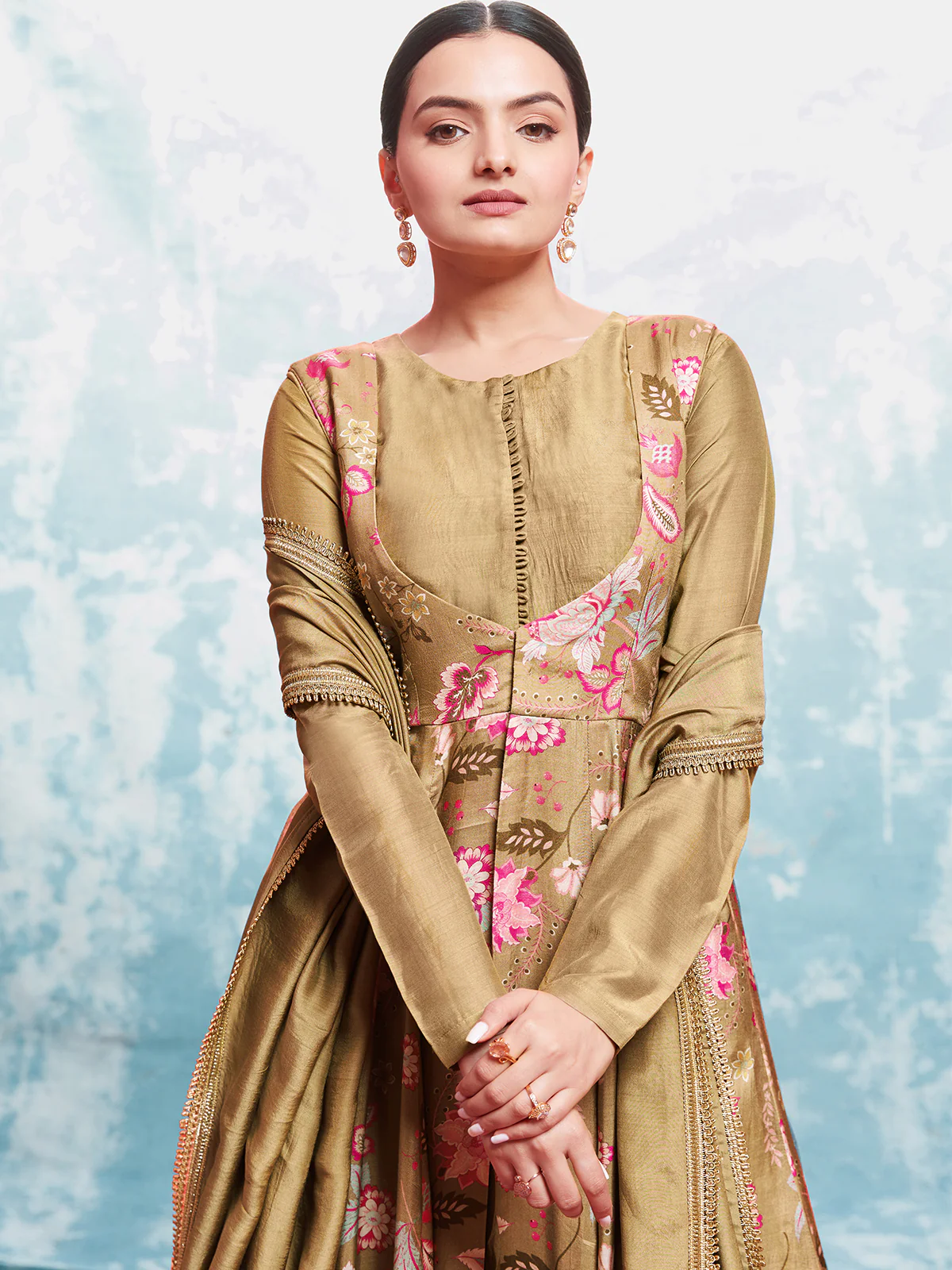 Odette Gold Muslin Printed Gown For Women - Image 7