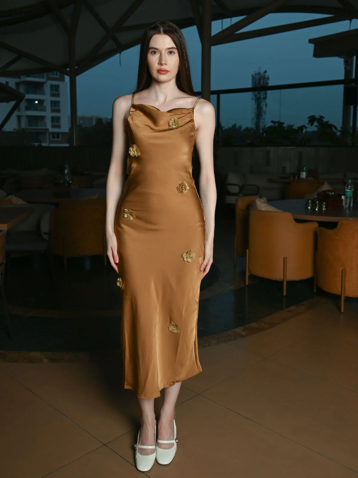 Odette Gold Satin Solid Dress For Women - Image 2