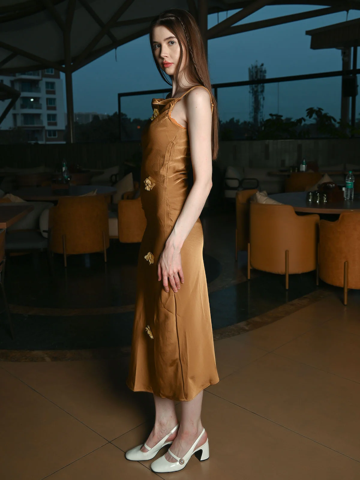 Odette Gold Satin Solid Dress For Women - Image 3