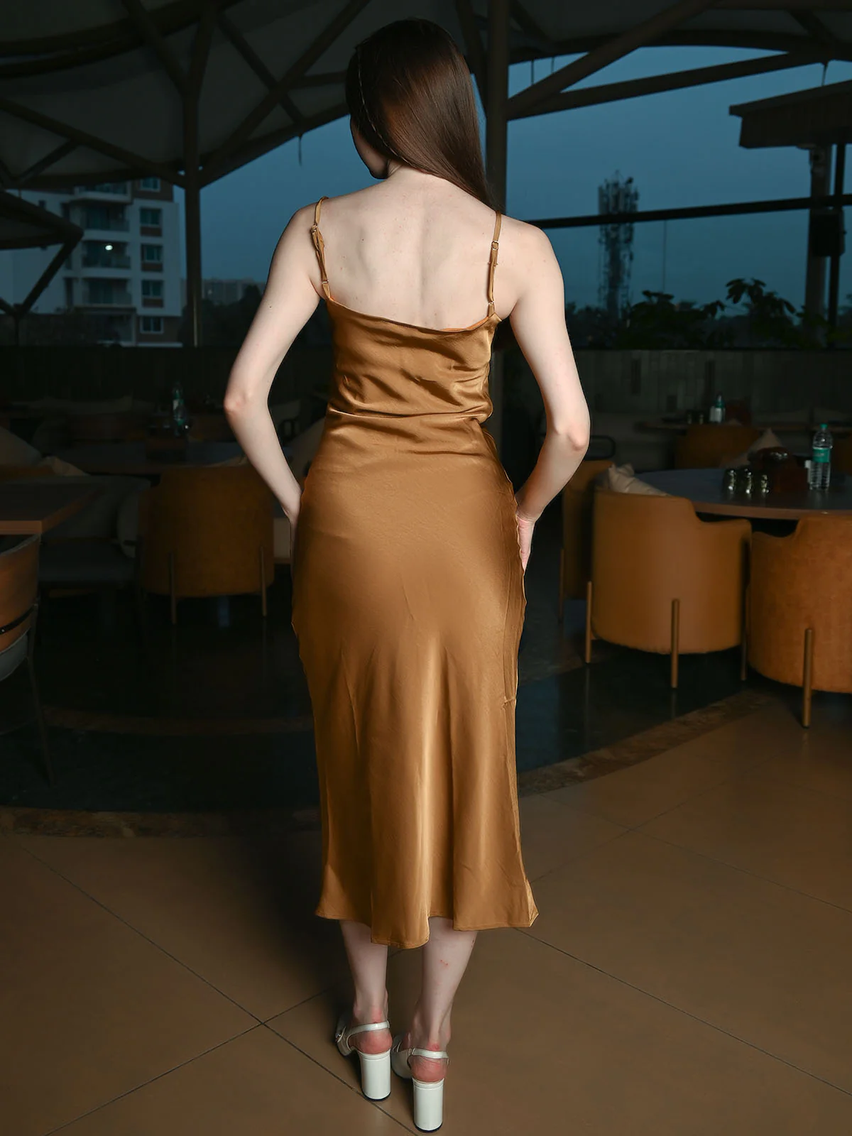 Odette Gold Satin Solid Dress For Women - Image 4