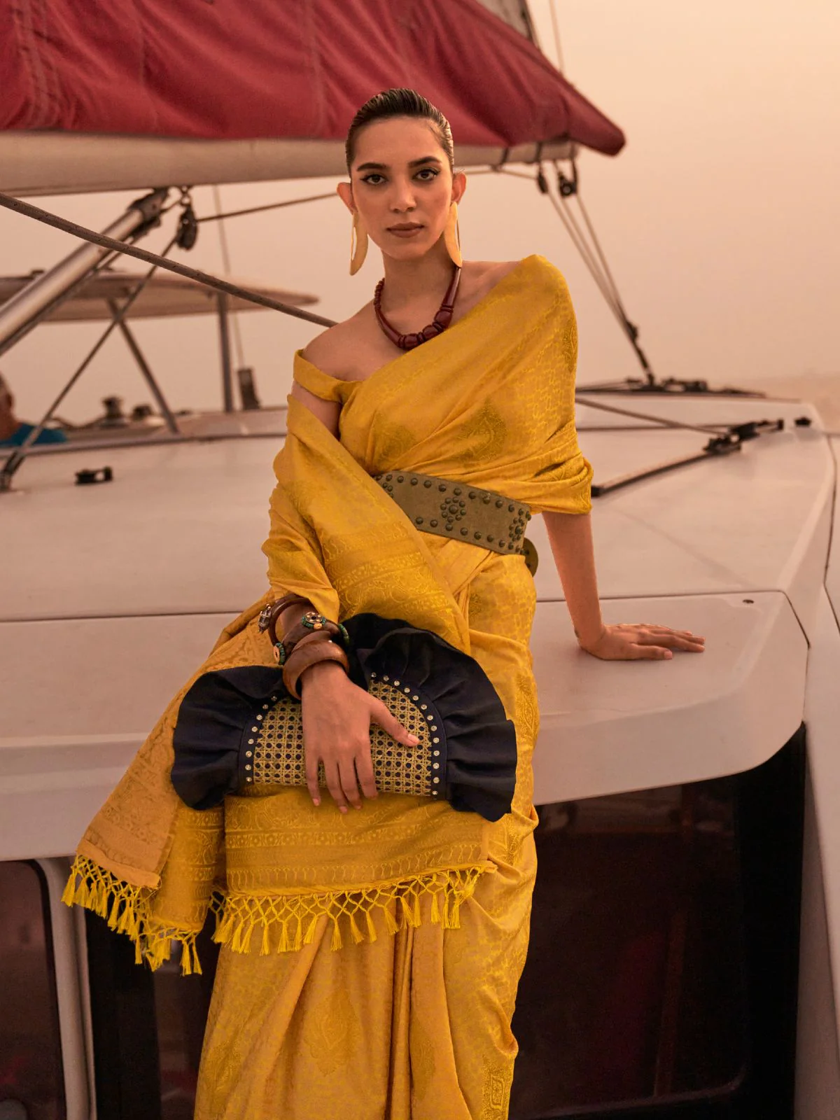 Odette Yellow Satin Woven Saree With Unstitched Blouse for Women - Image 2