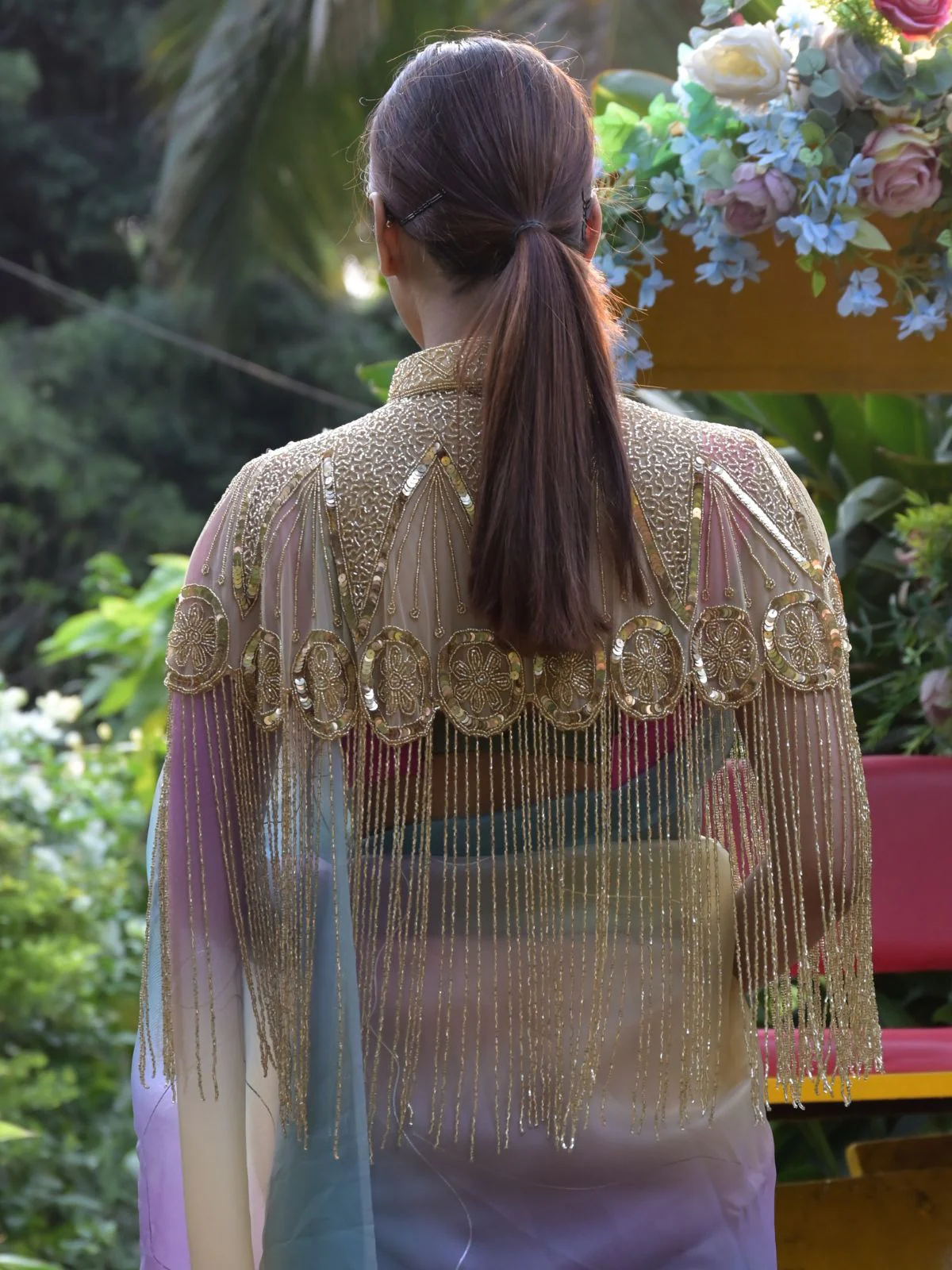 Odette Gold Sequins and Beads Embellished Tassels Cape for Women - Image 3