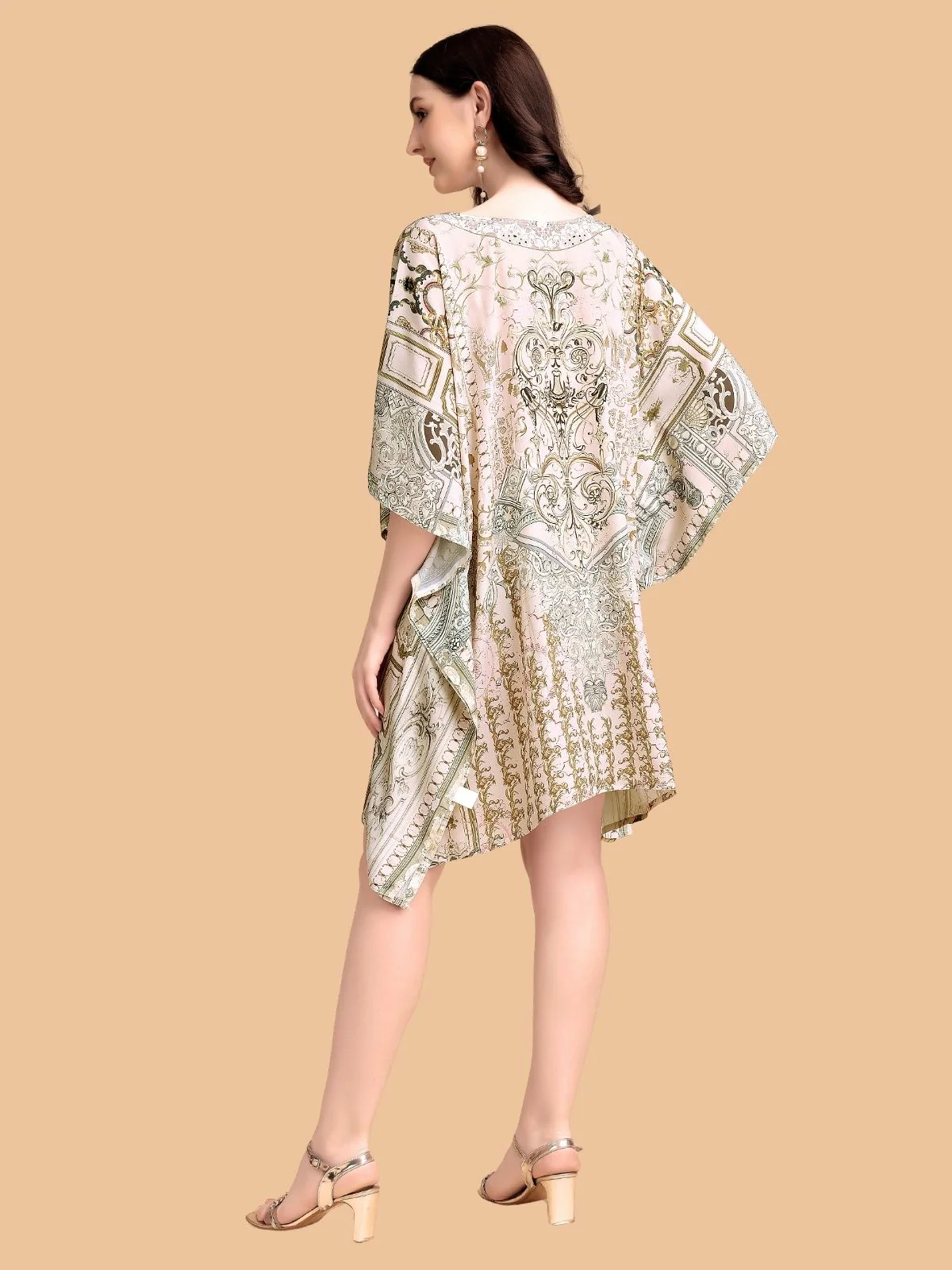 Odette Gold Silk Blend Printed Kaftan For Women - Image 3