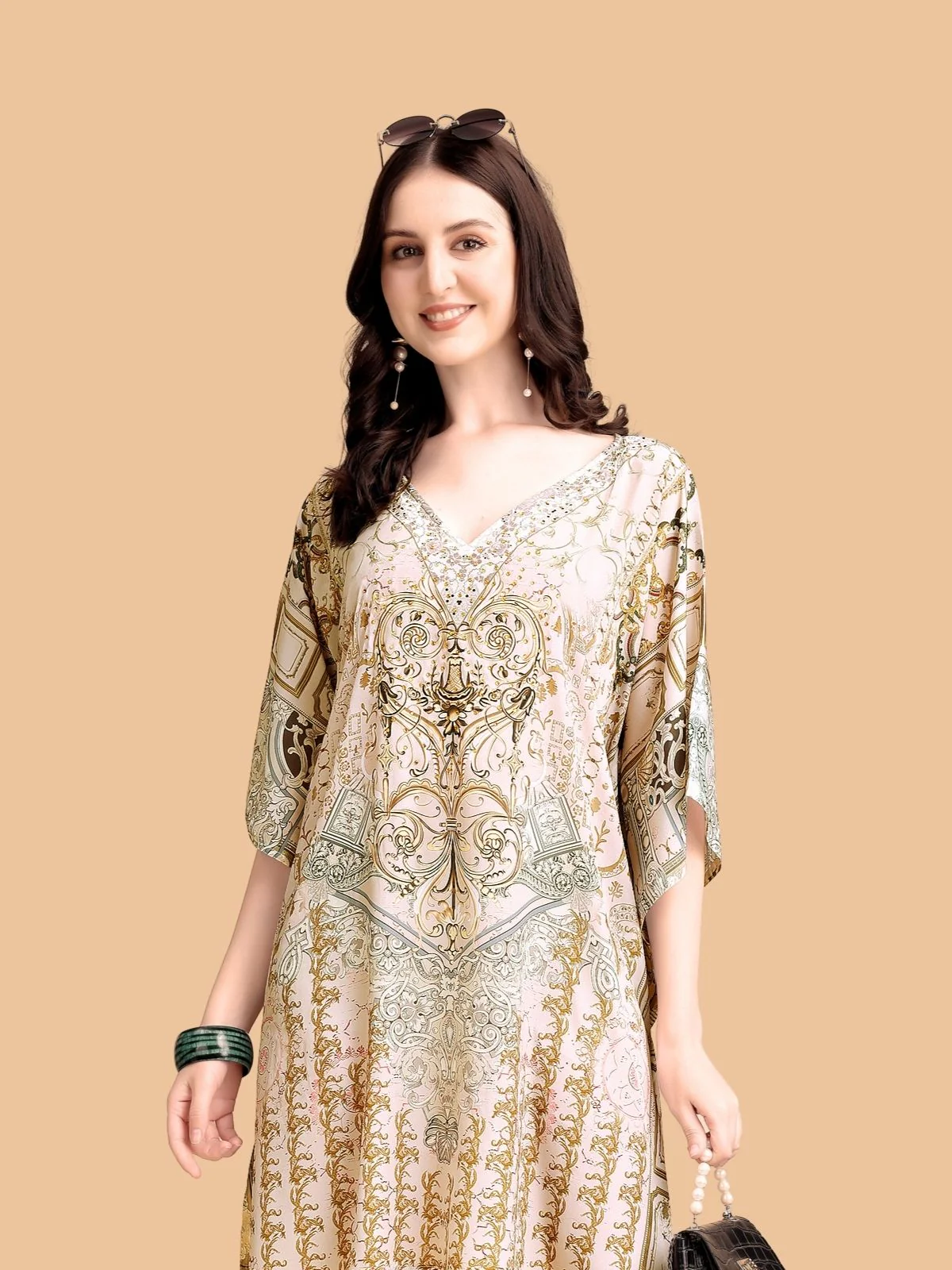 Odette Gold Silk Blend Printed Kaftan For Women - Image 4