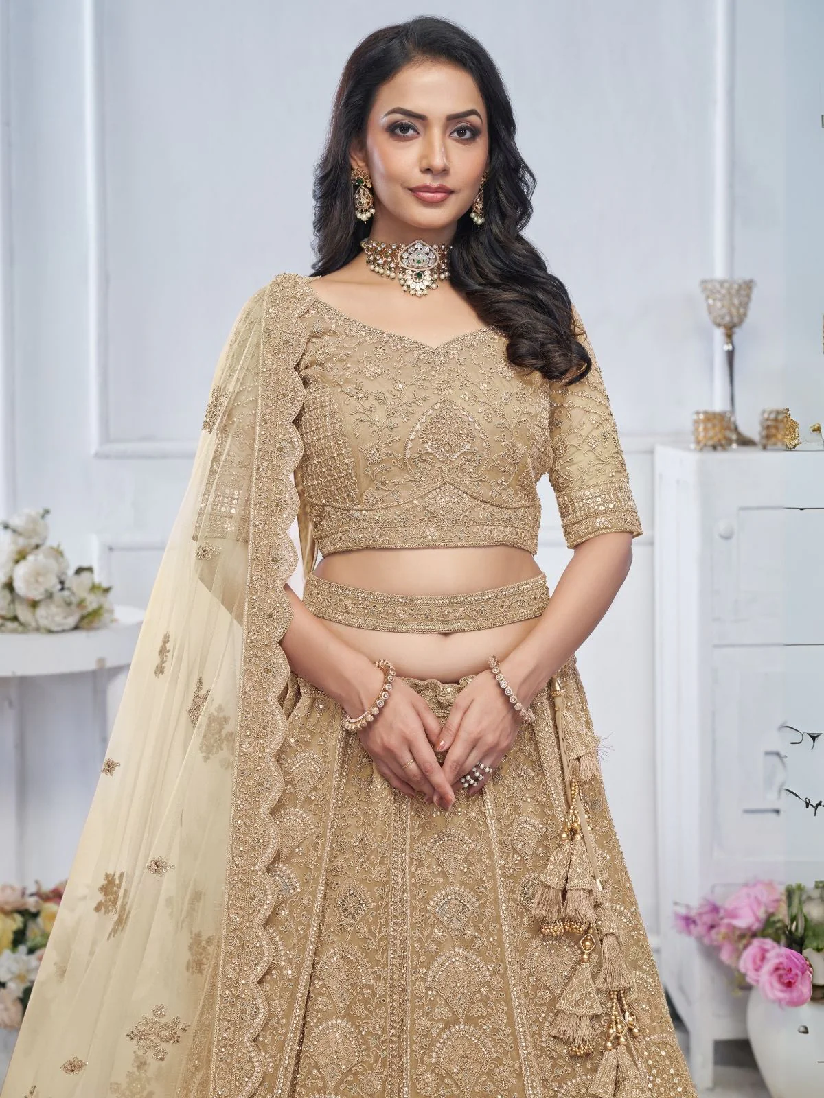 Odette Gold Soft Net Embroidered Semi-Stitched Lehenga With Unstitched Blouse For Women - Image 4