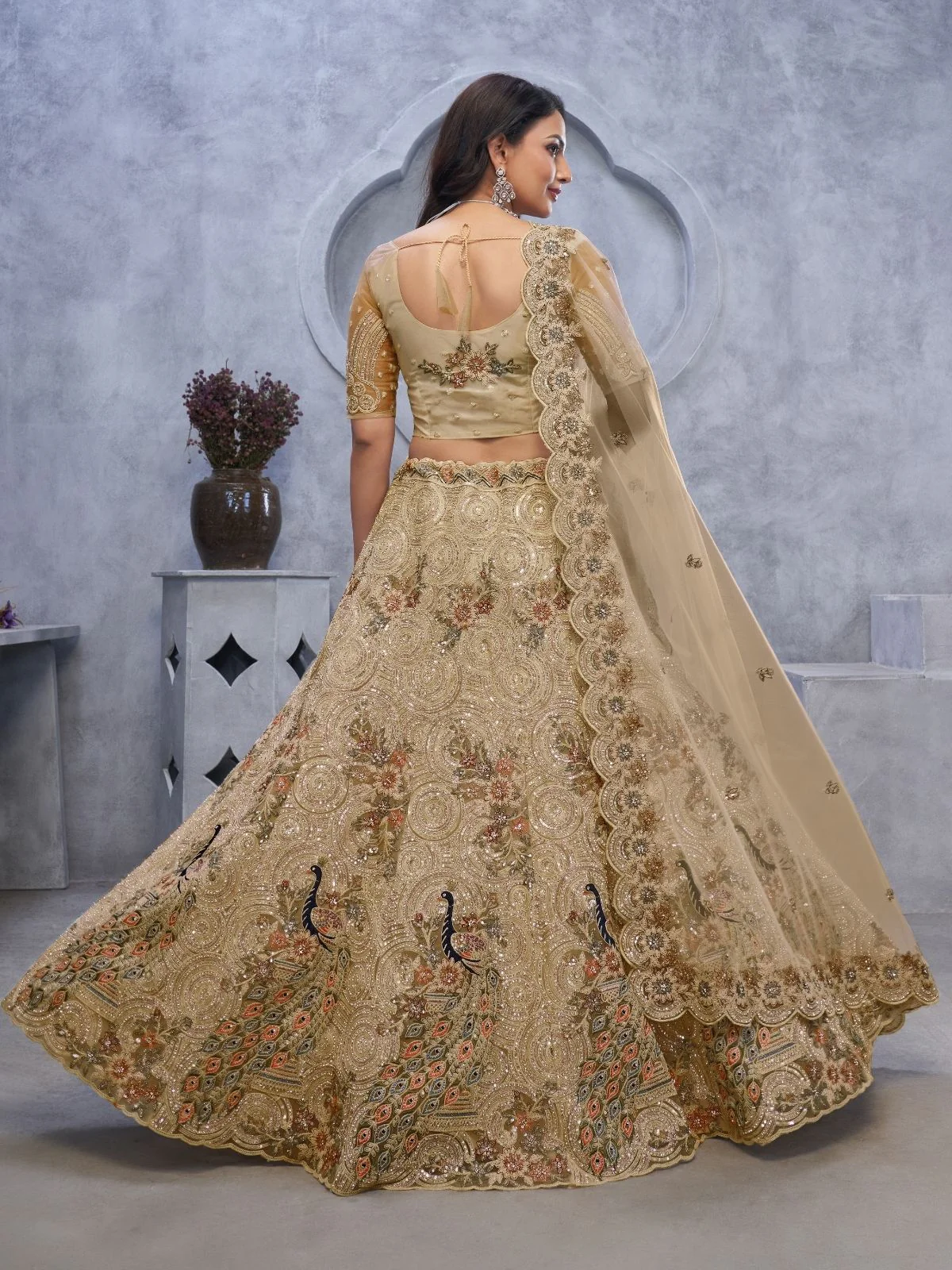 Odette Gold Soft Net Embroidered Semi-Stitched Lehenga With Unstitched Blouse For Women - Image 3
