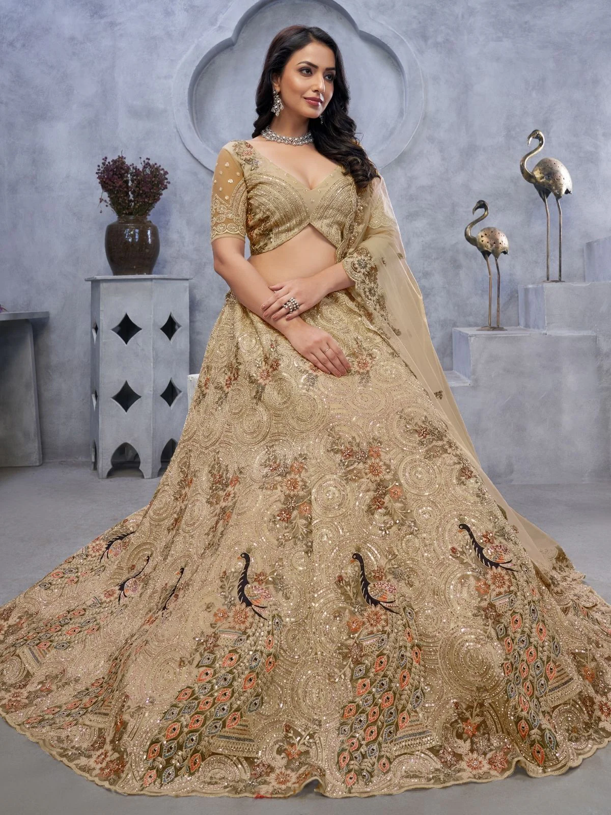 Odette Gold Soft Net Embroidered Semi-Stitched Lehenga With Unstitched Blouse For Women - Image 4