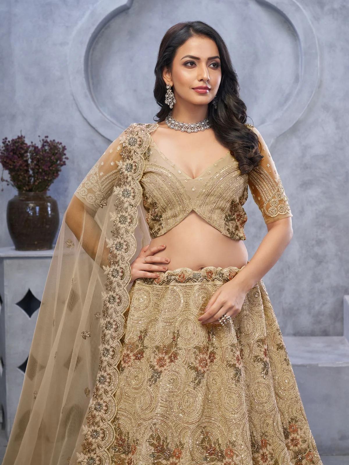 Odette Gold Soft Net Embroidered Semi-Stitched Lehenga With Unstitched Blouse For Women - Image 5