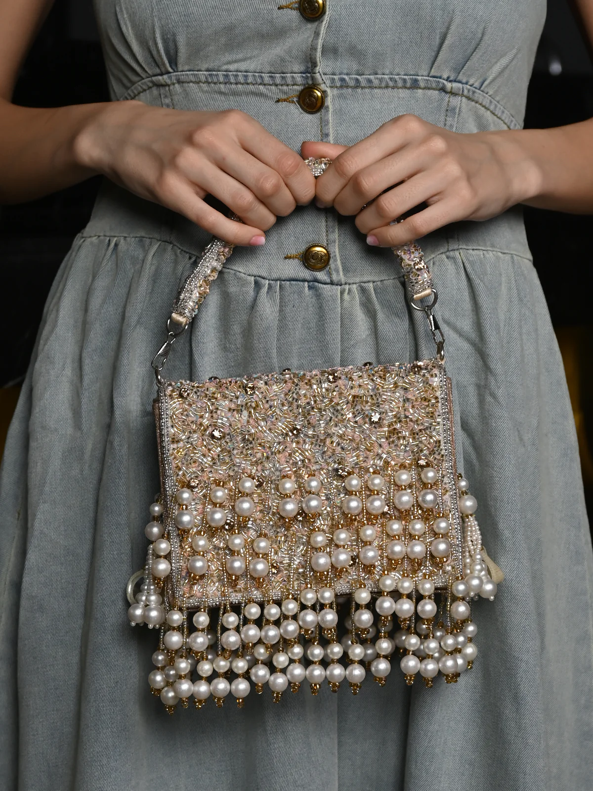 Odette Gold Tassels Embellished Clutch For Women - Image 2