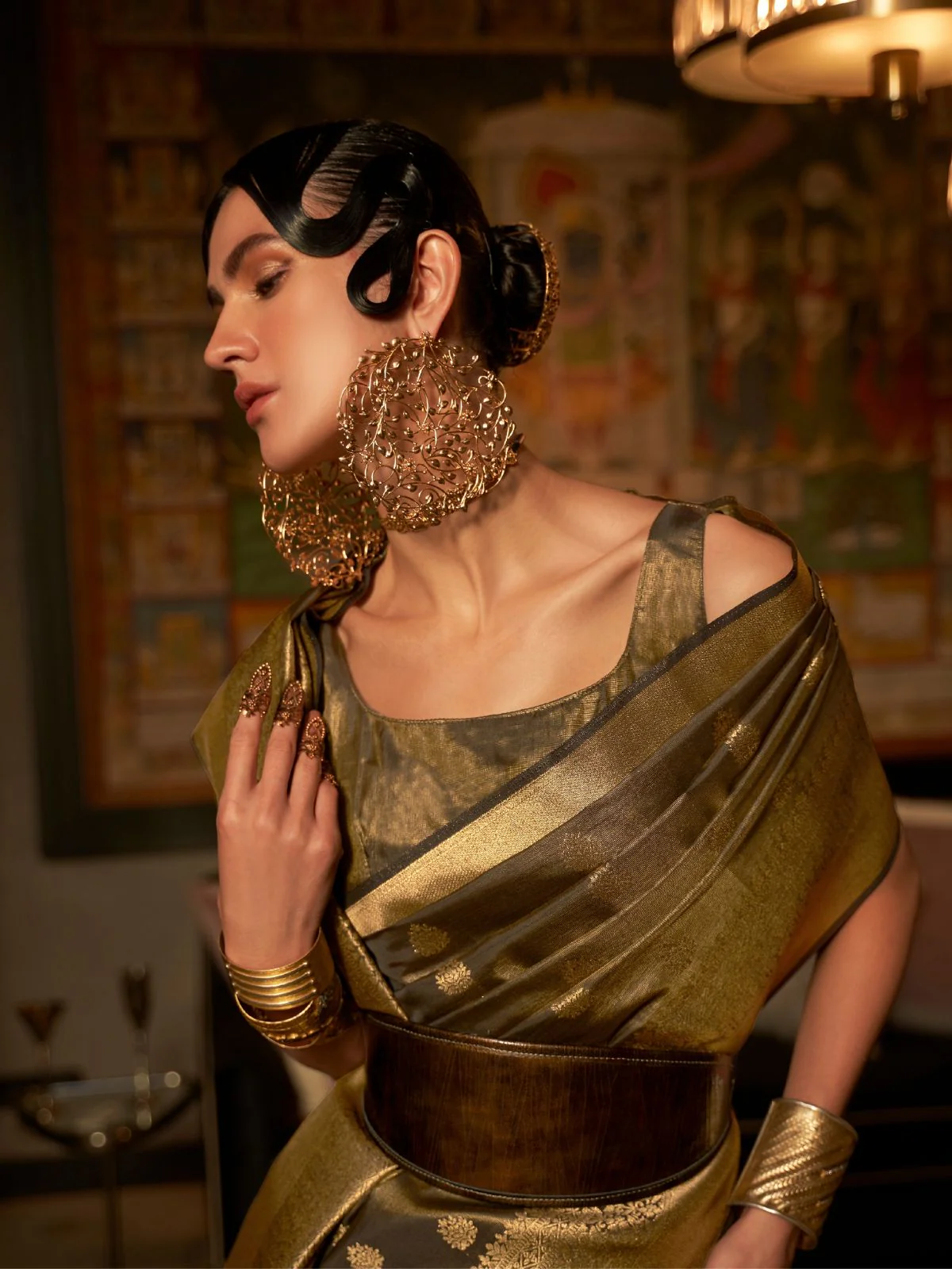 Odette Olive And Gold Woven Design Silk Blend Saree With Unstitched Blouse For Women - Image 3