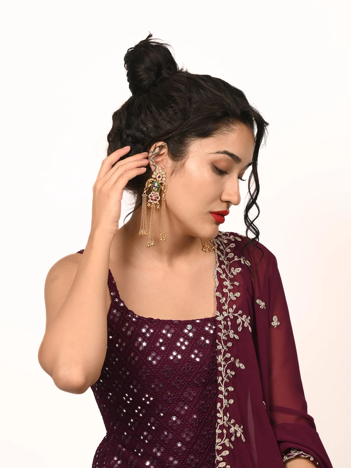 Odette Golden Alloy Embellished Earrings For Women - Image 2
