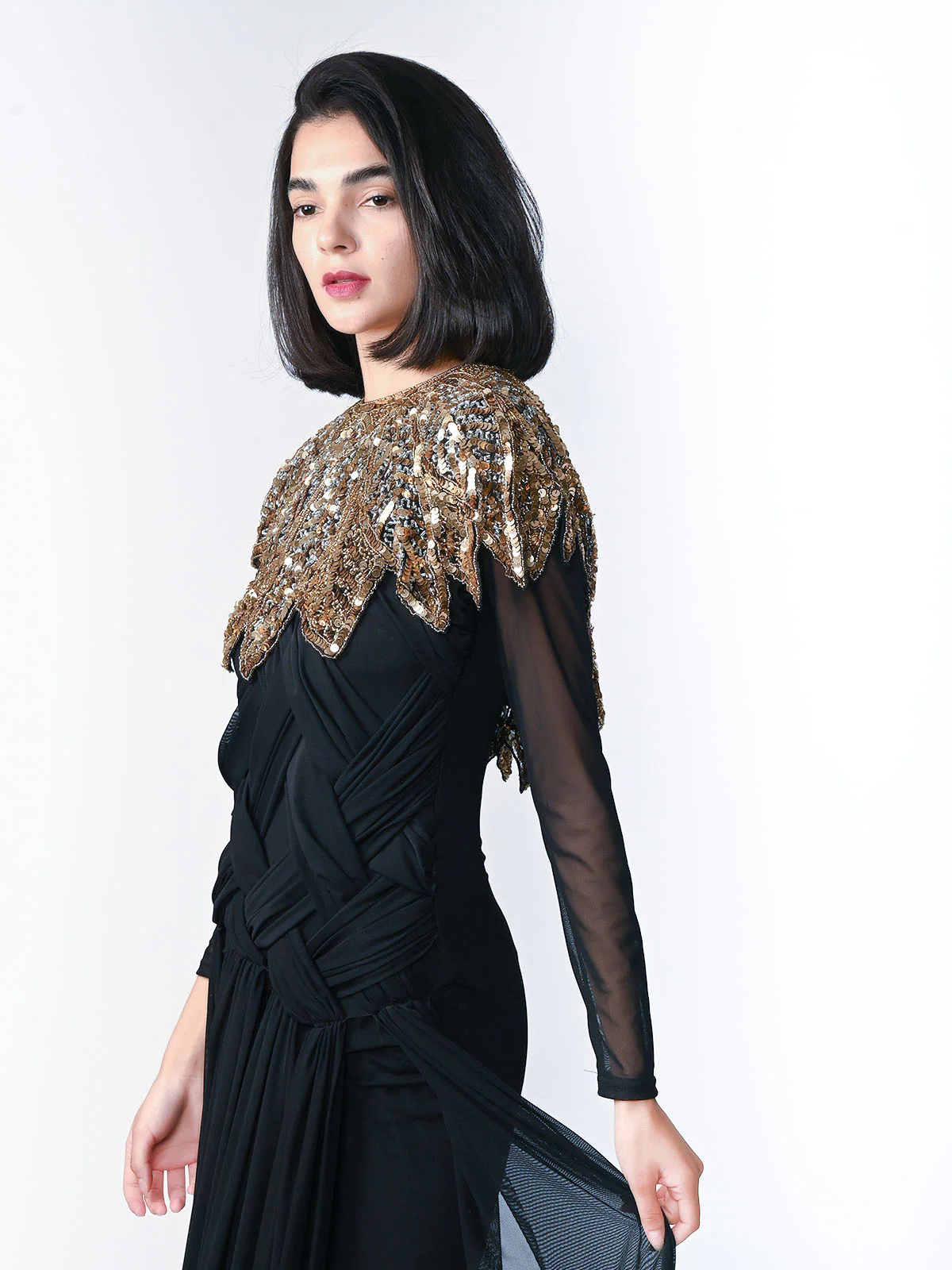 Odette Golden And Black Net Embellished Stitched Cape For Women - Image 2