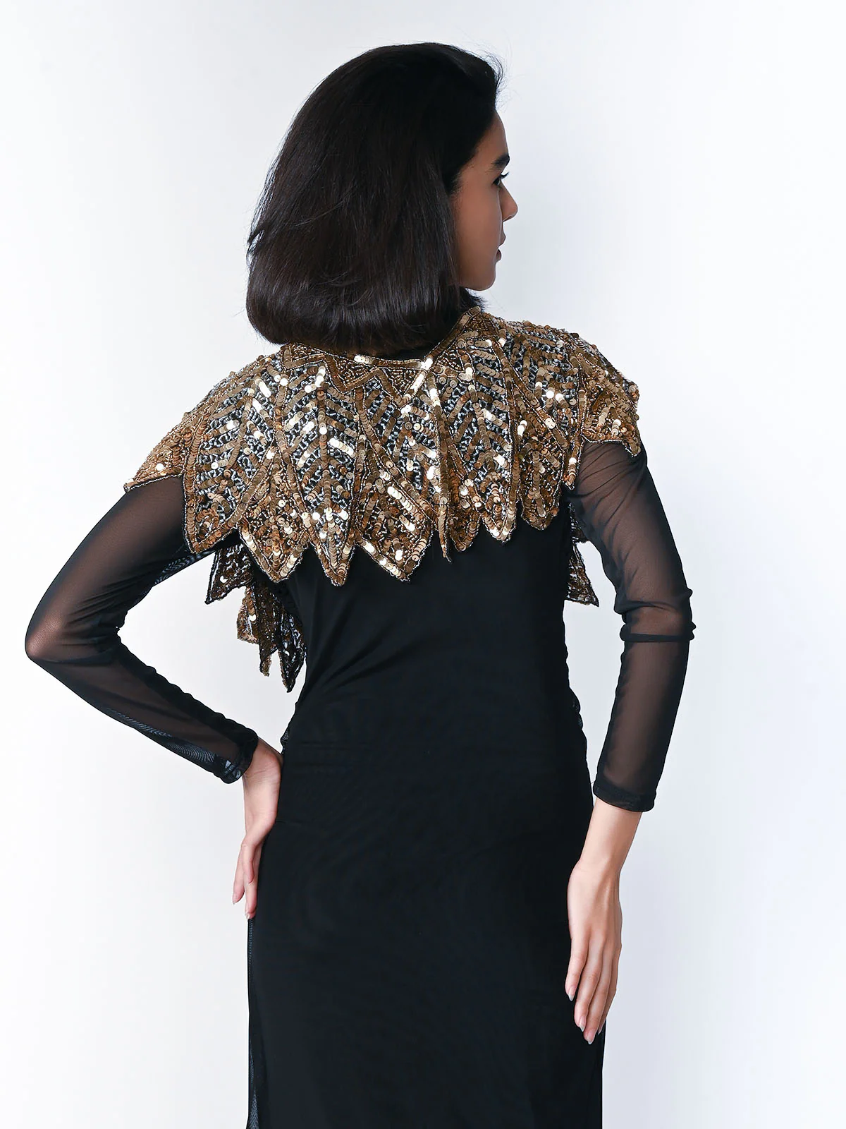 Odette Golden And Black Net Embellished Stitched Cape For Women - Image 4